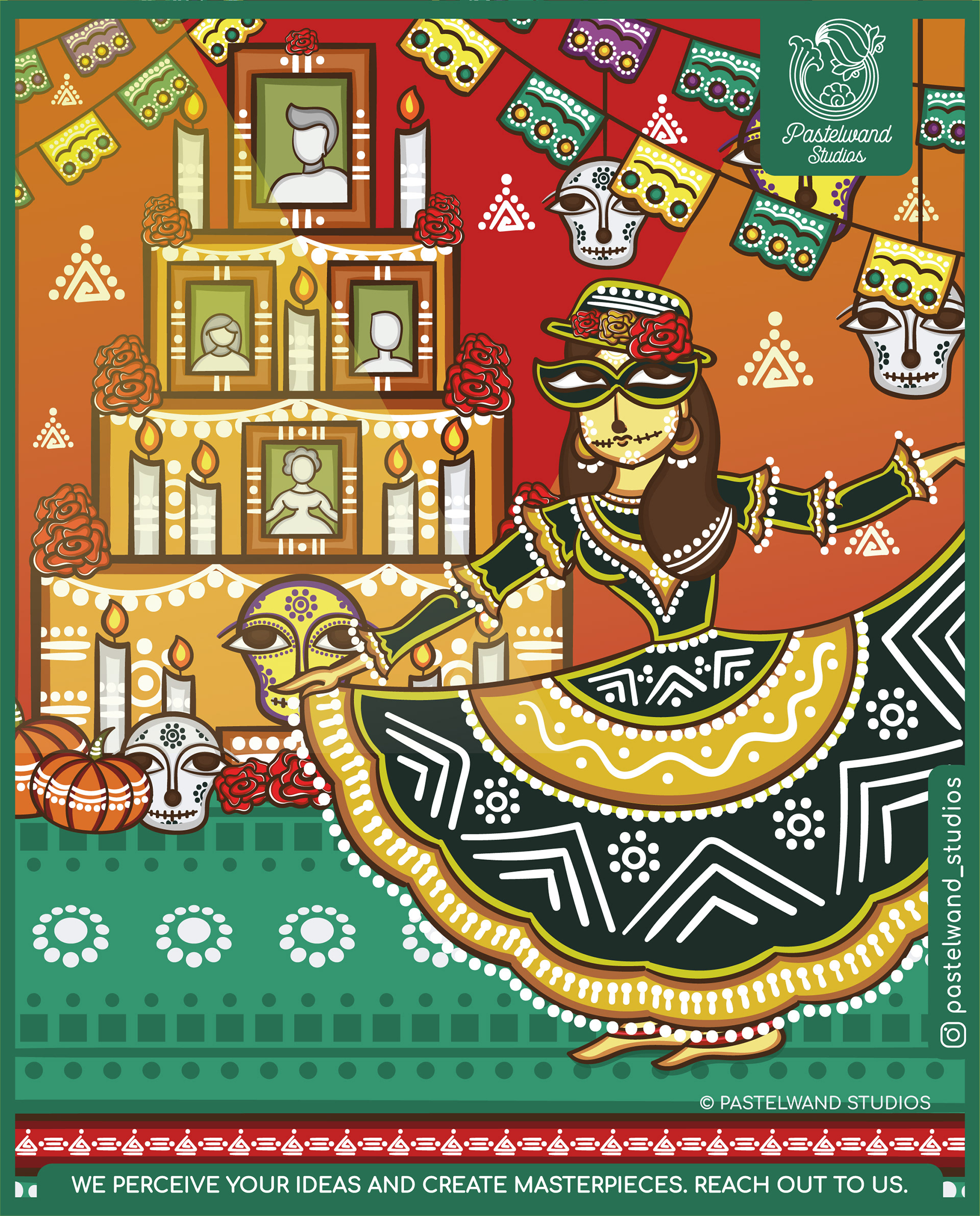 International festivals in Bengal Pattachitra style: Day of the Dead with a dancer and altar