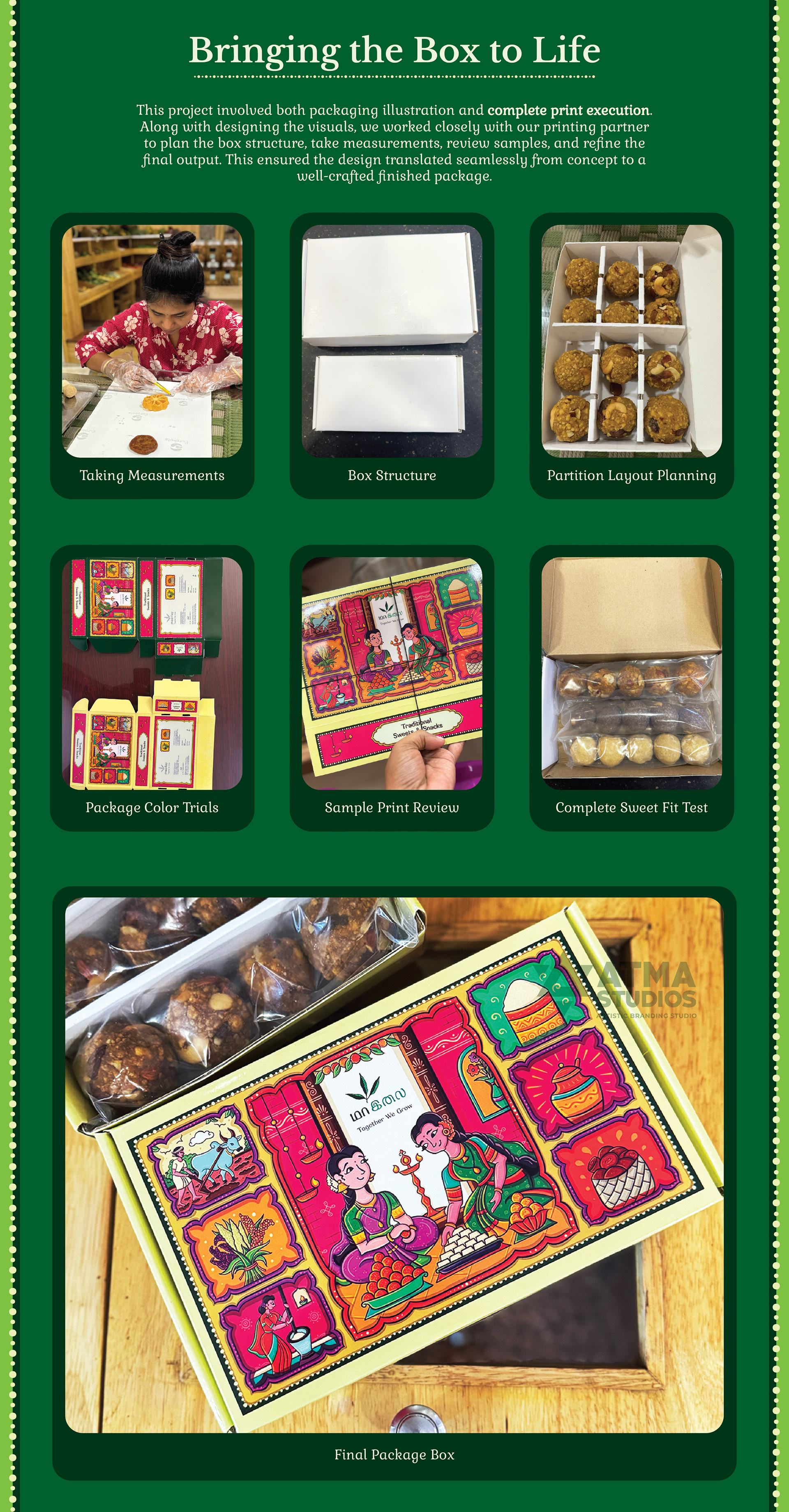 Maa Ilay illustrated sweet box package design: bringing the box to life with sweets arranged inside