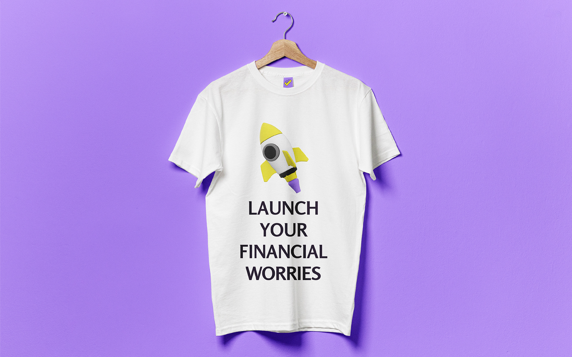 Toodle Pay savings app branding: white T-shirt reading Launch your financial worries