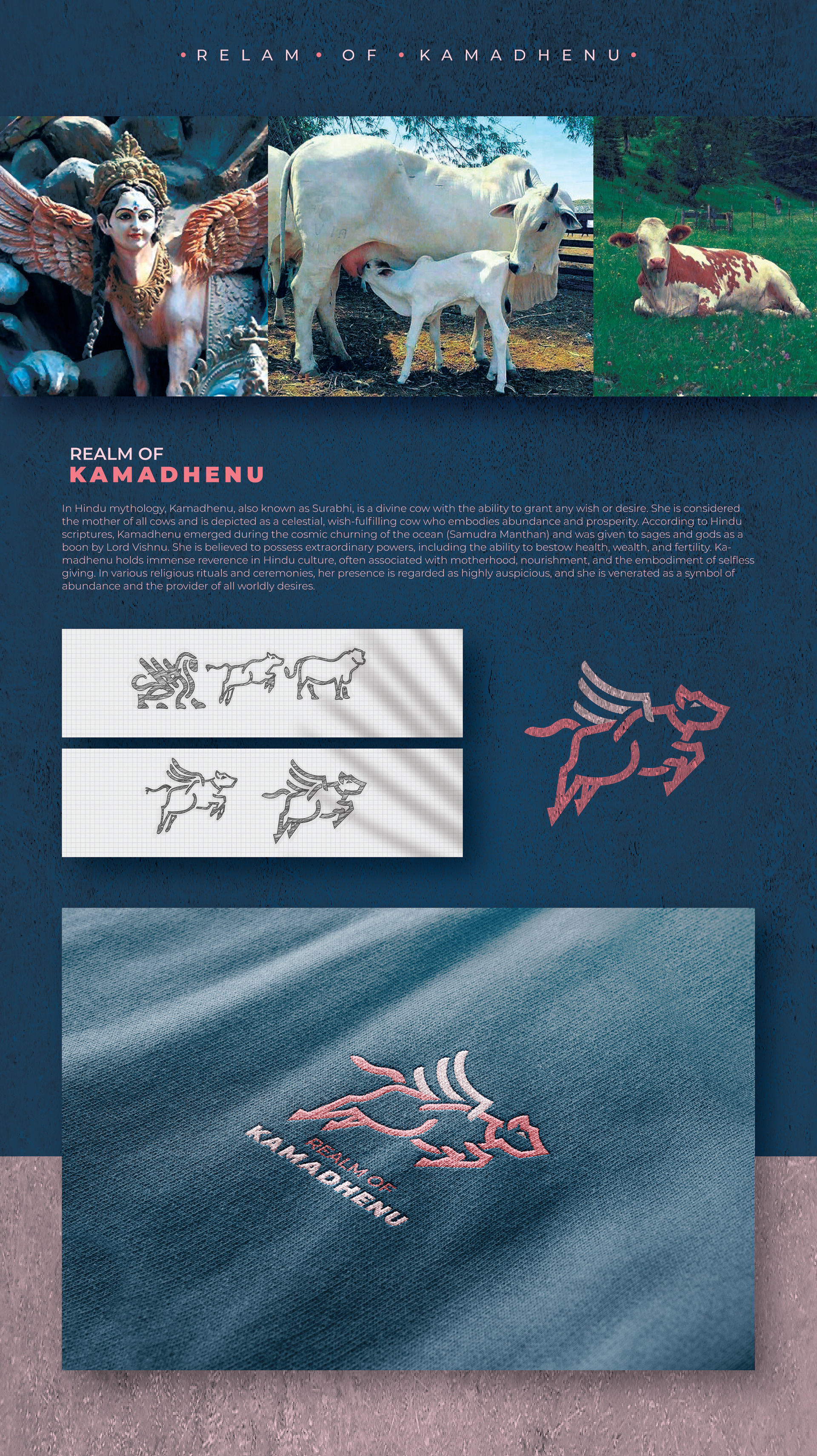 Artpreneur program sub-brand logo set inspired by Indian mythical creatures: realm of Kamadhenu: divine cow references, sketches and the final line logo on fabric