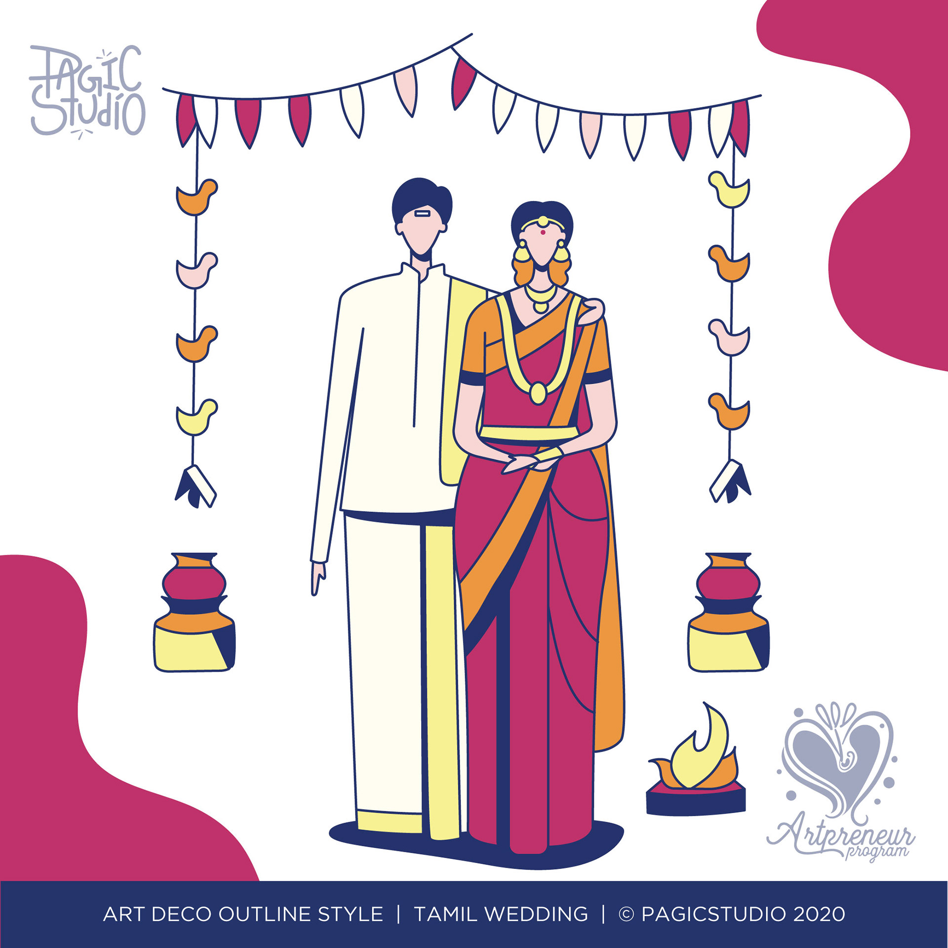12 styles of Indian wedding couple in Art Deco outline: #10 Tamil wedding couple