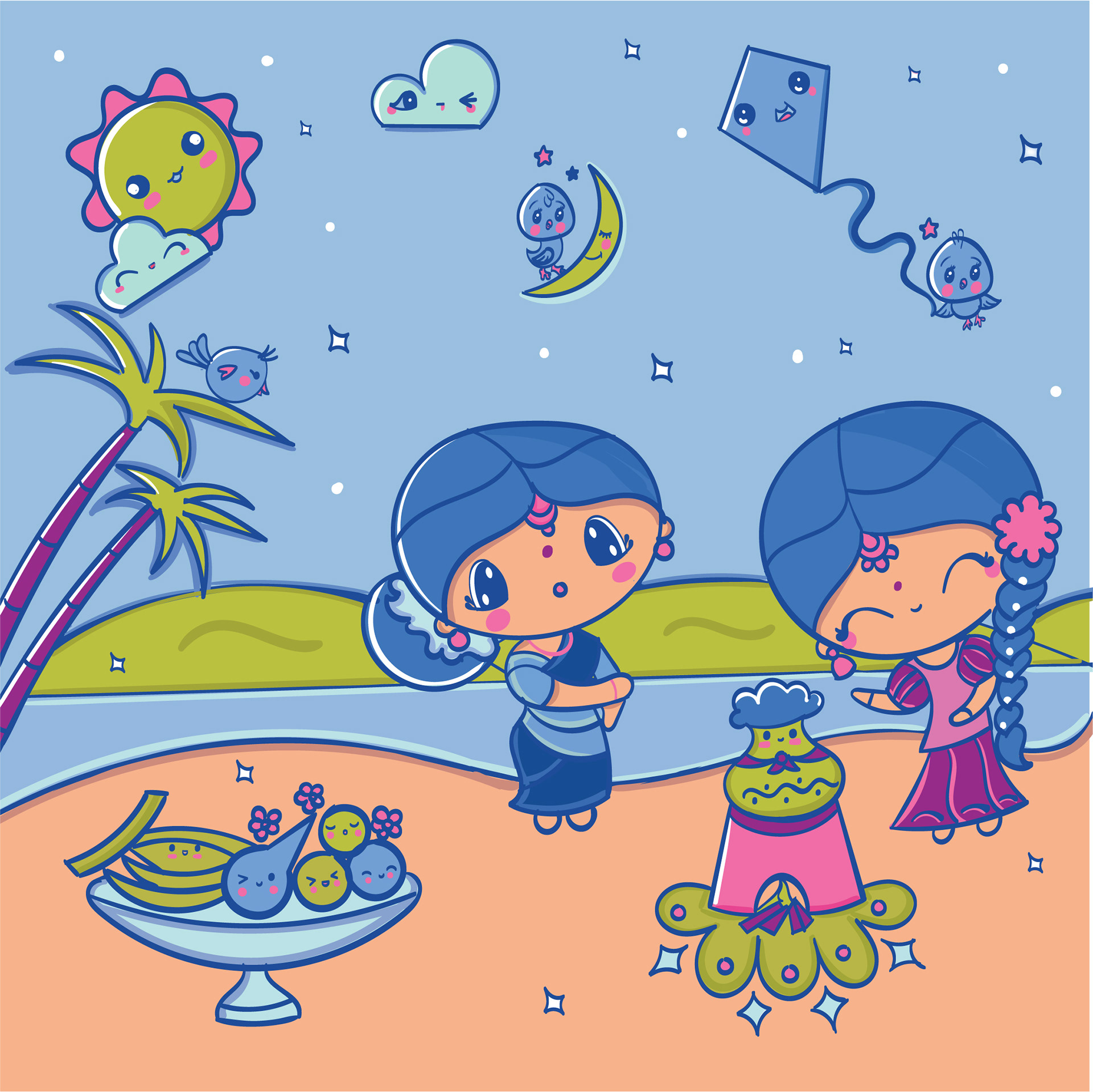 Experimental illustrations 2020: #12 Kawaii kids at a beach picnic