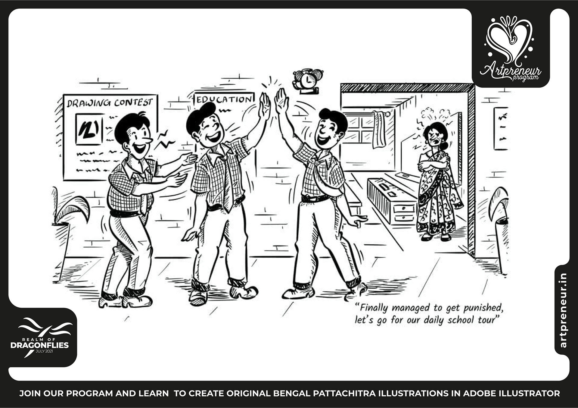 30 pen and pun comic cartoon illustrations: #1 Family argument at home, pen and ink comic cartoon, Atma Studios portfolio