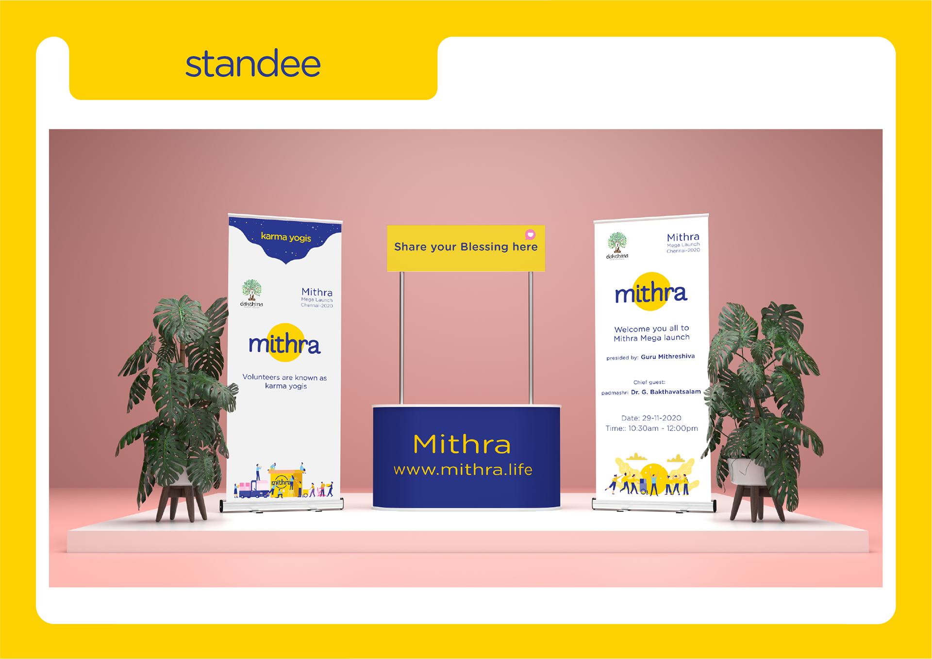 Mithra donation platform brand guidelines: standee and stall setup mockup