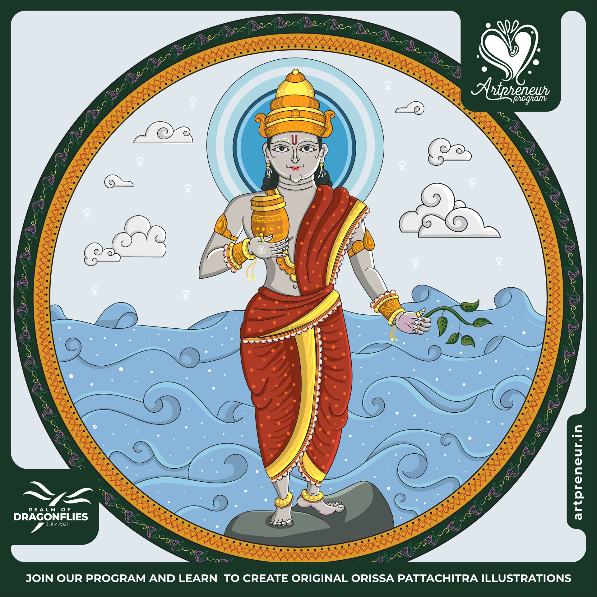 30 Orissa Pattachitra Indian folk illustrations: #25 Goddess with a lamp by the sea
