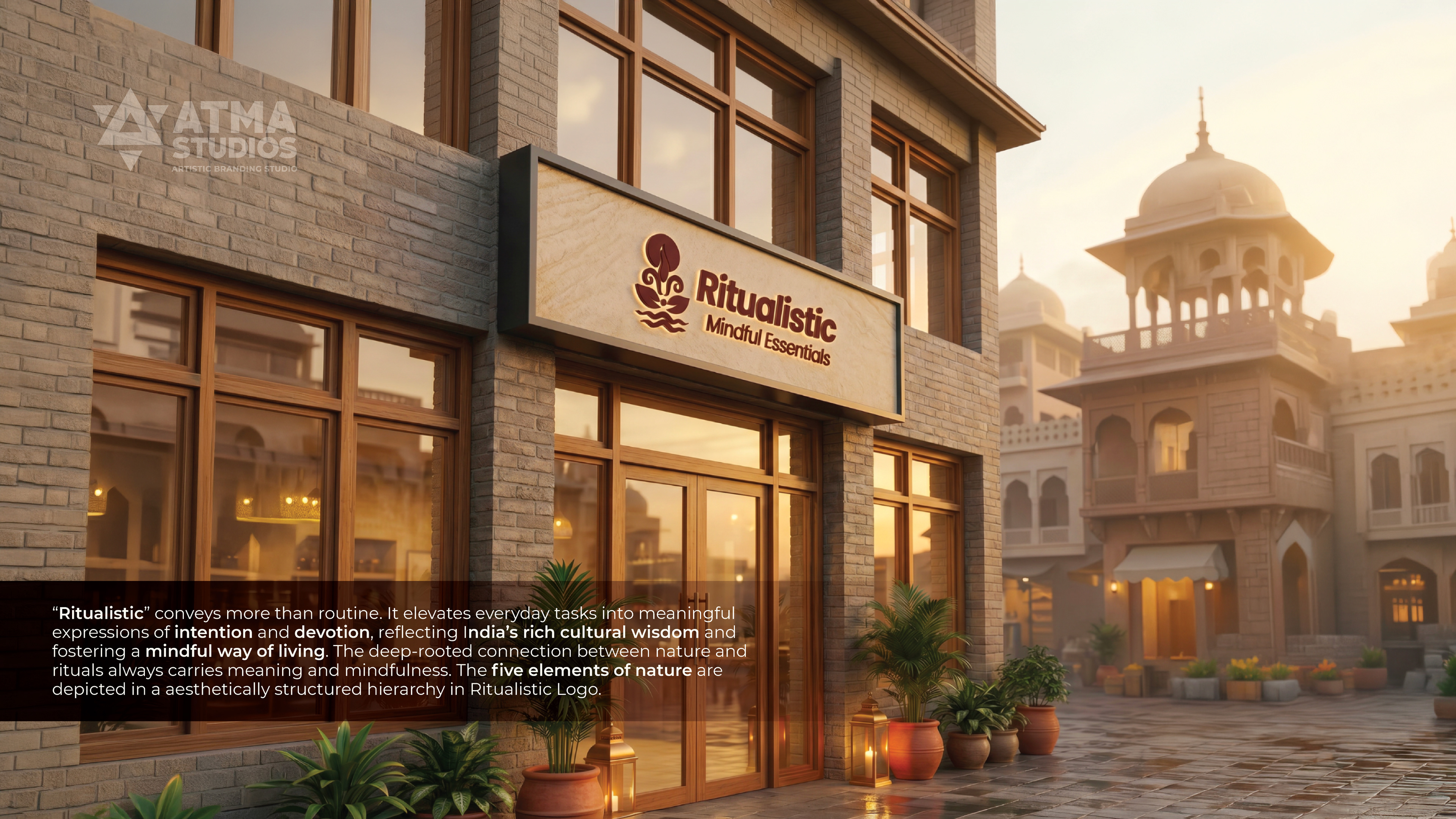 Ritualistic mindful essentials brand: storefront signage mockup on a heritage street