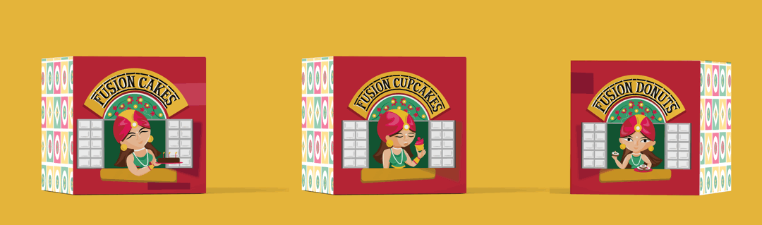 Fusion Plate bakery brand: row of packaging boxes on yellow