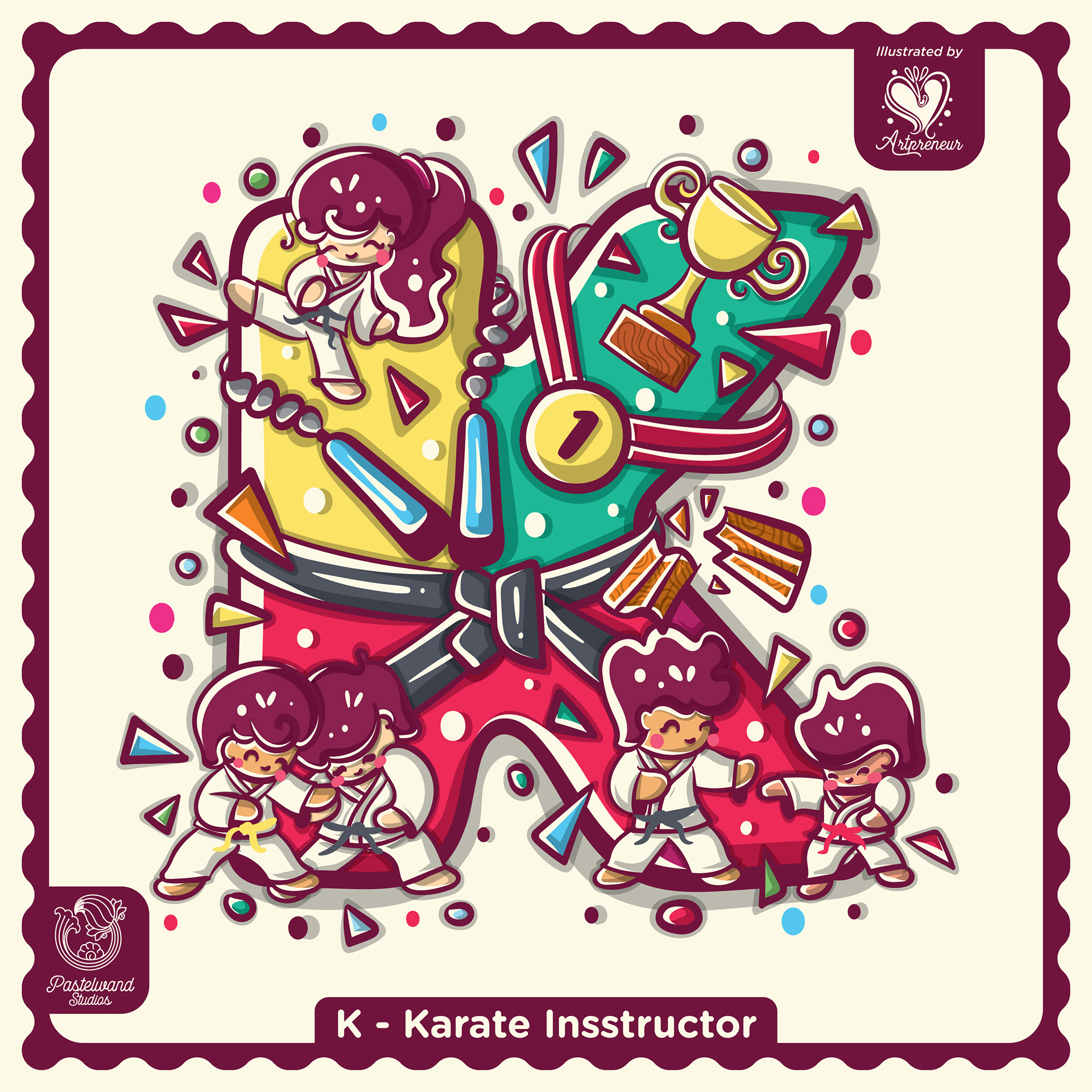 My Little Career ABC children's book: K for Karate Instructor, an illustrated letter filled with tools and tiny characters
