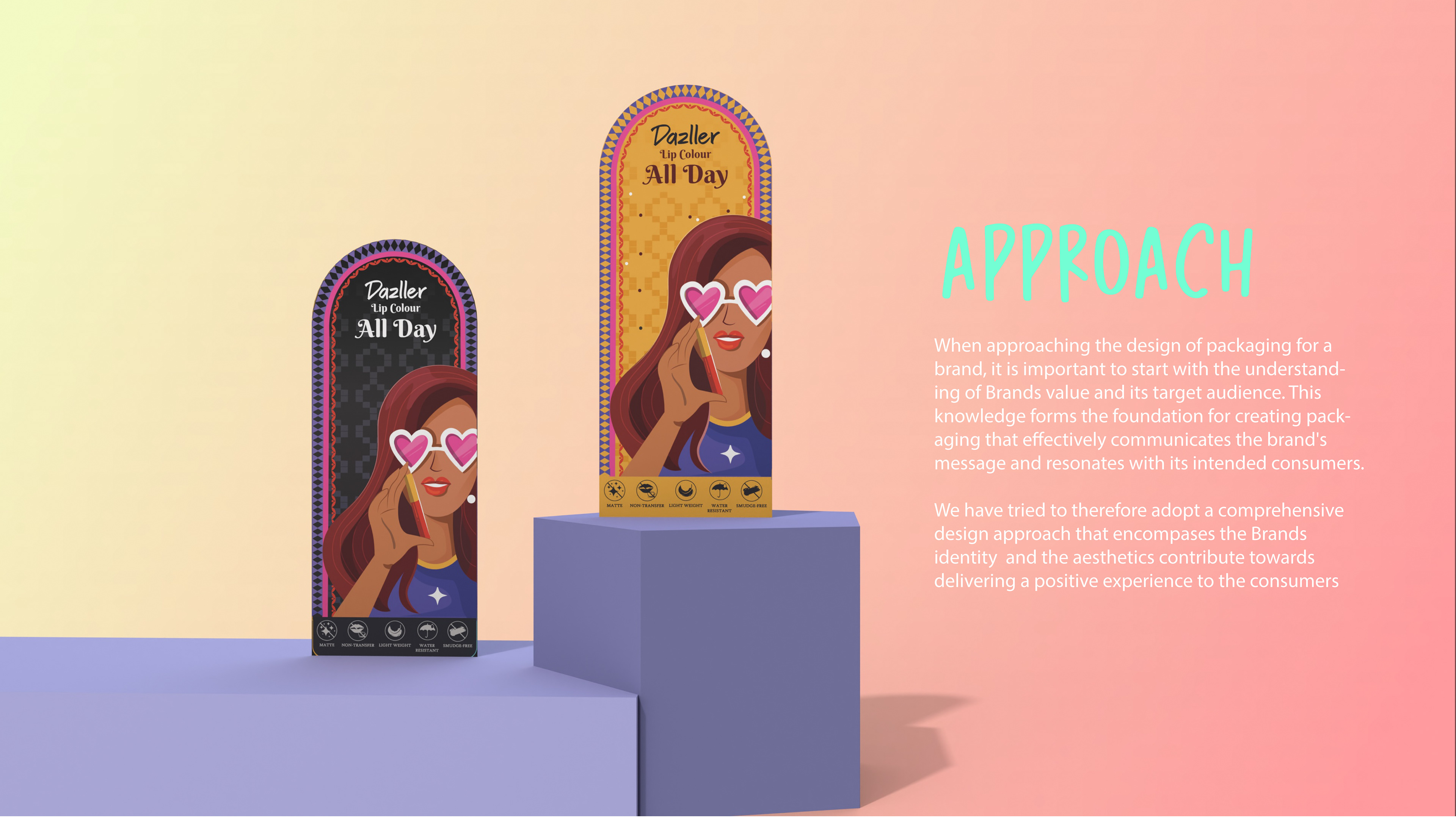 Dazller lip colour package design: approach slide with cartons on purple blocks