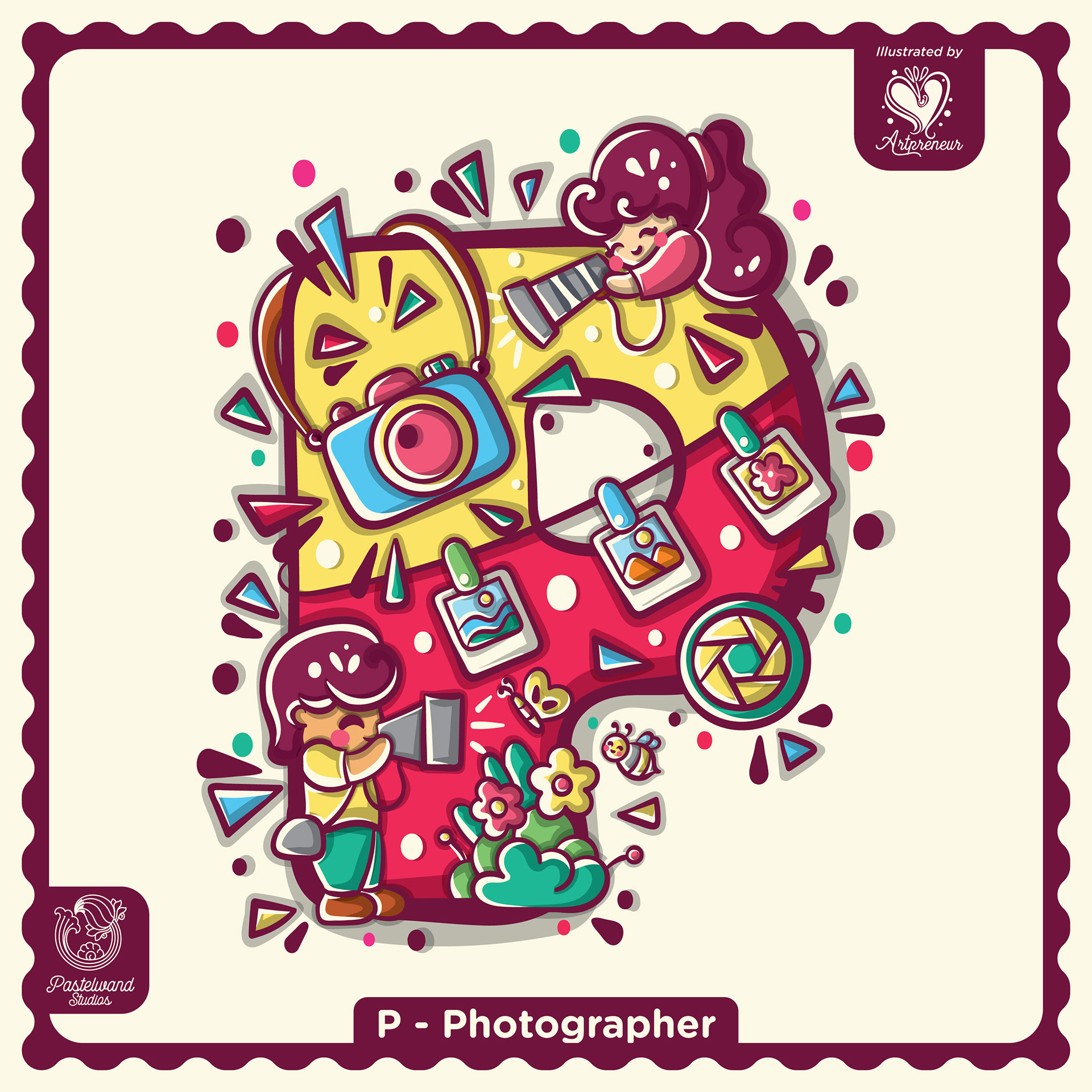 My Little Career ABC children's book: P for Photographer, an illustrated letter filled with tools and tiny characters