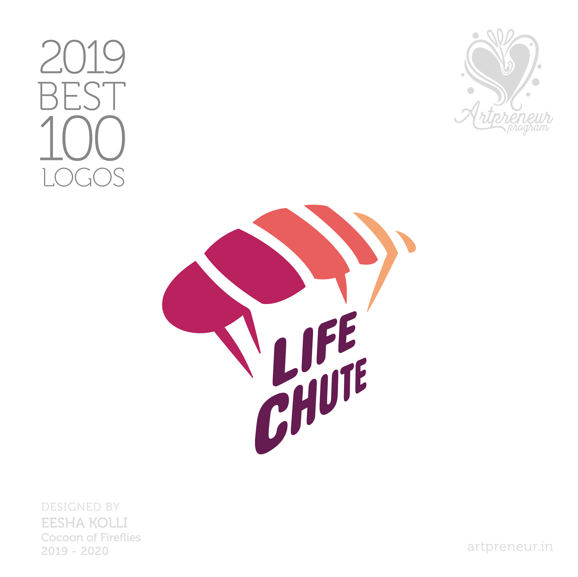 100 best logos of Atma Studios 2019: Life Chute logo with a pink parachute