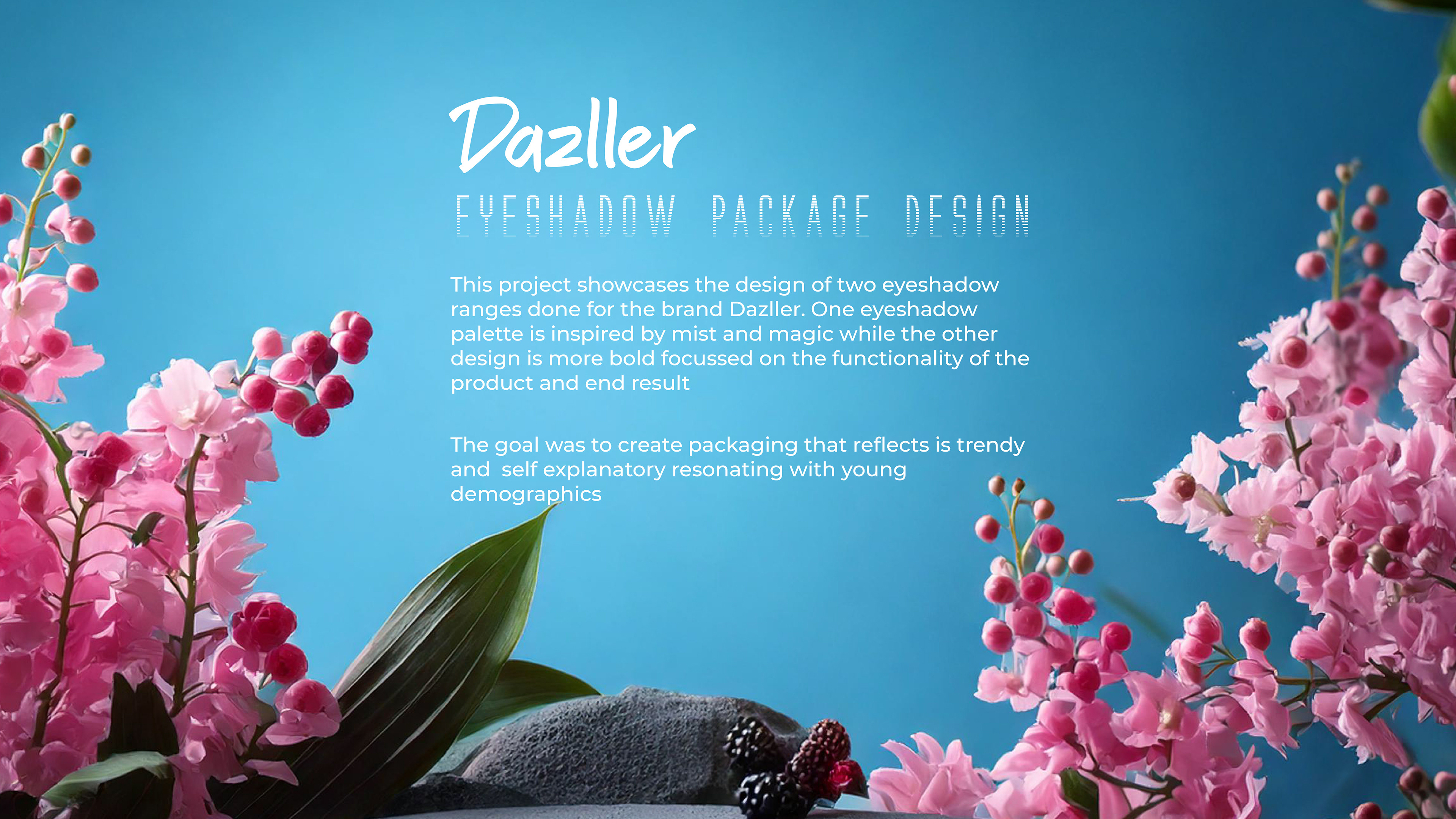 Dazller eyeshadow palette package design: eyeshadow palette edition intro slide with pink flowers