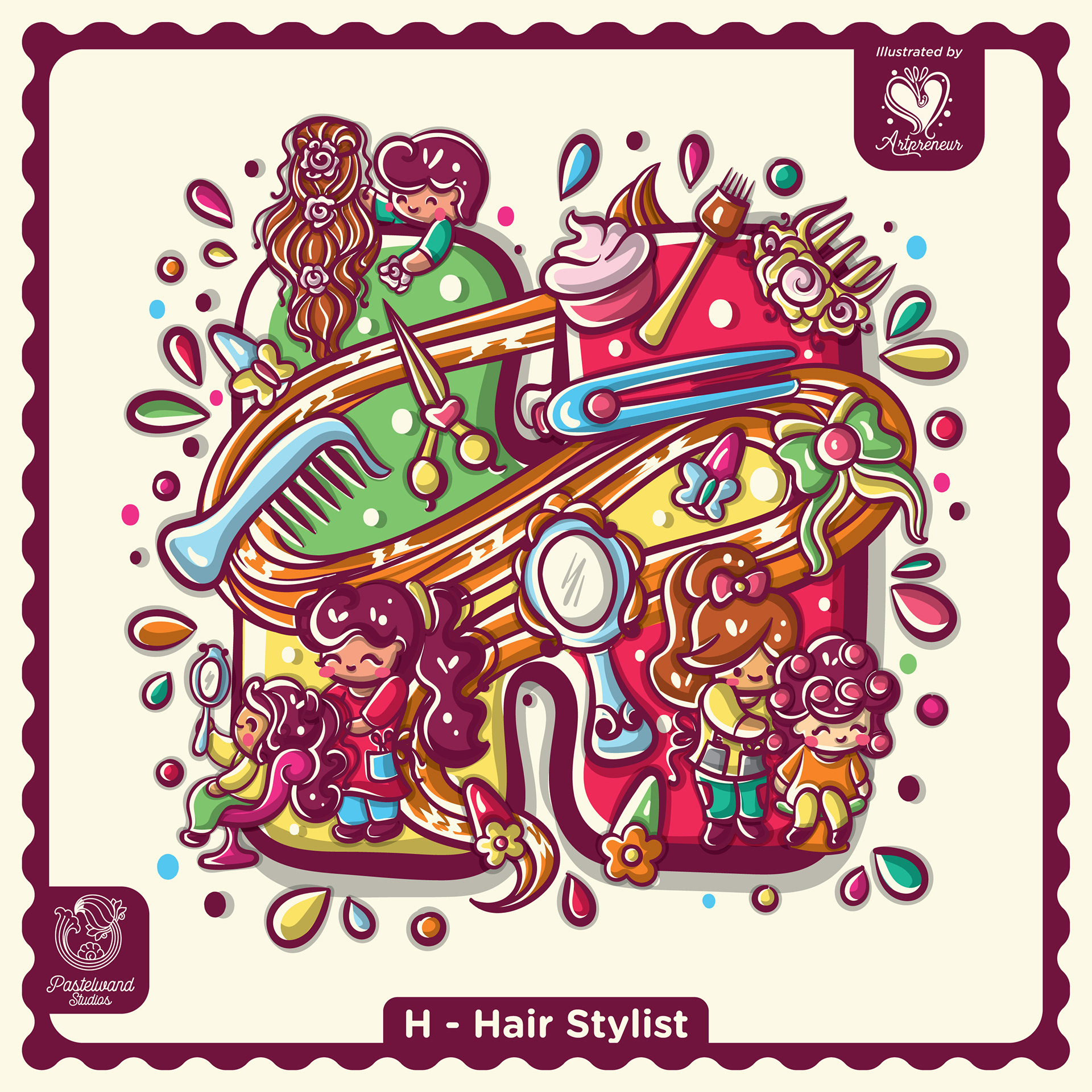 My Little Career ABC children's book: H for Hair Stylist, an illustrated letter filled with tools and tiny characters