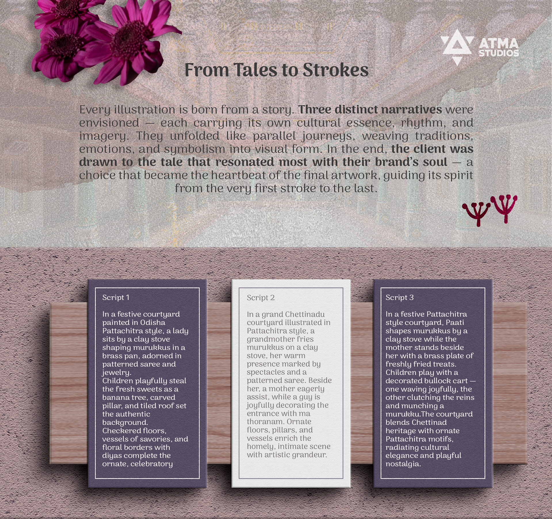 Peridot Diwali sweet box package design: from tales to strokes slide with three story scripts