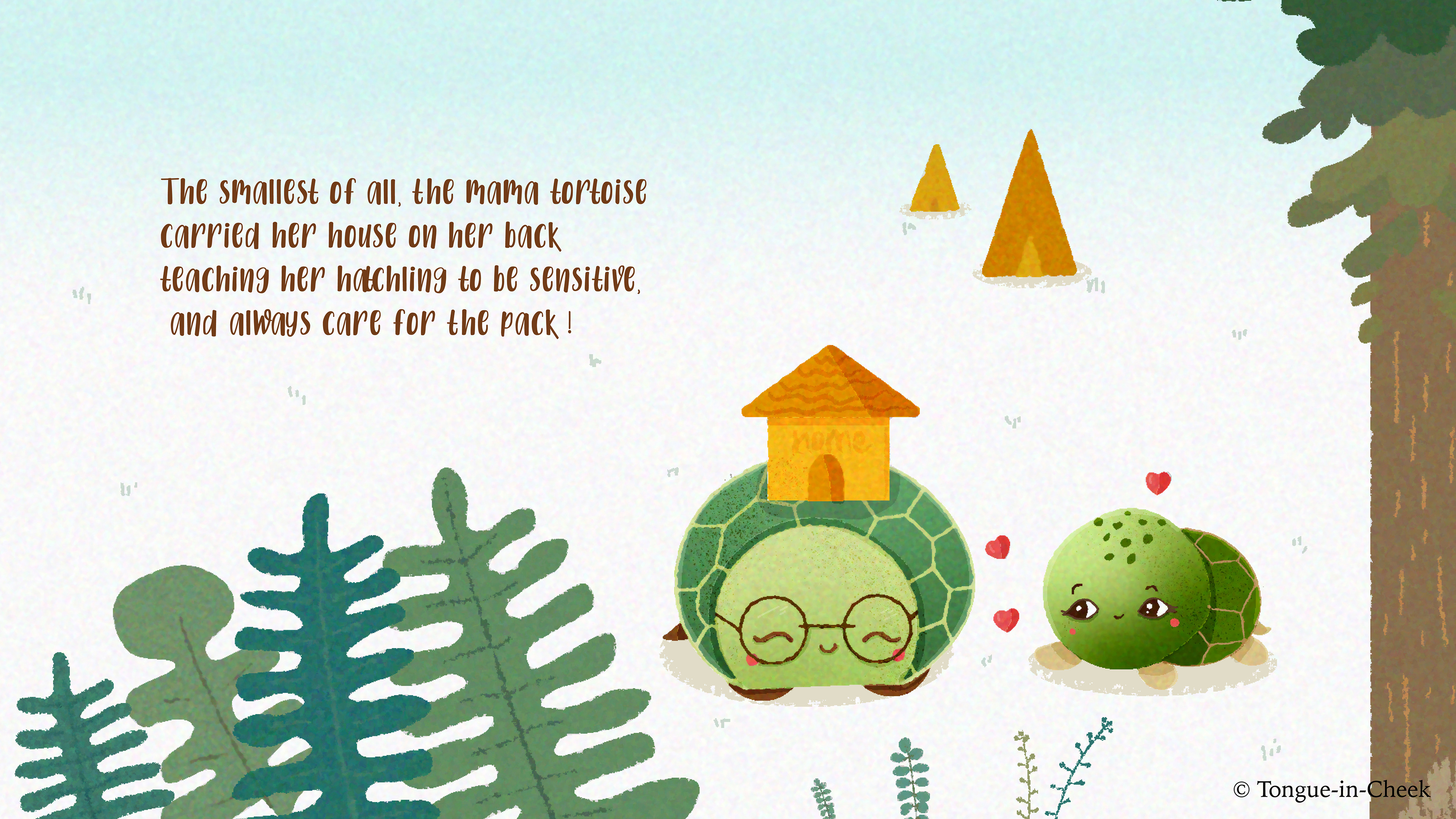Learnings from Animal Moms vector poem children's book: poem page with a turtle mother and baby