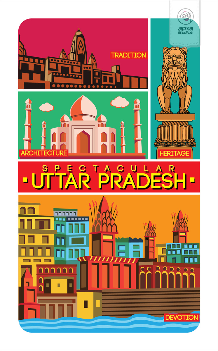 50 notebook cover illustrations: Uttar Pradesh cover with Taj Mahal and ghats