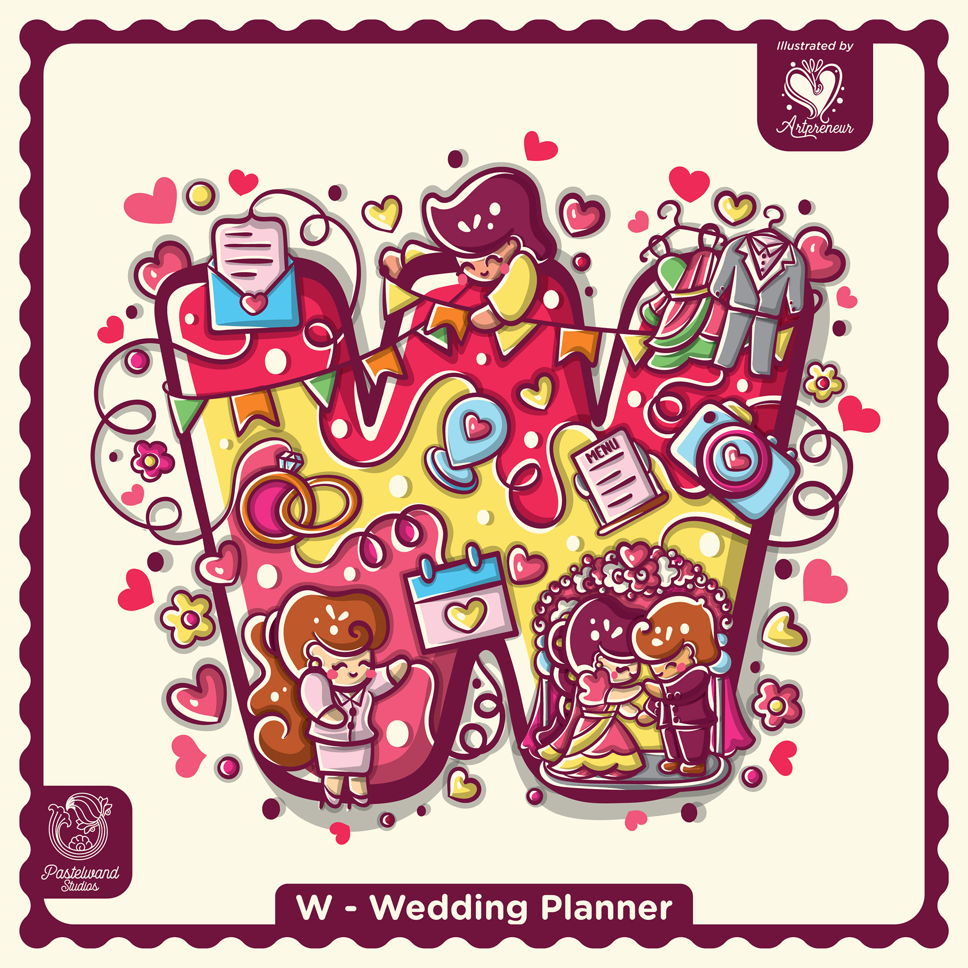 My Little Career ABC children's book: W for Wedding Planner, an illustrated letter filled with tools and tiny characters