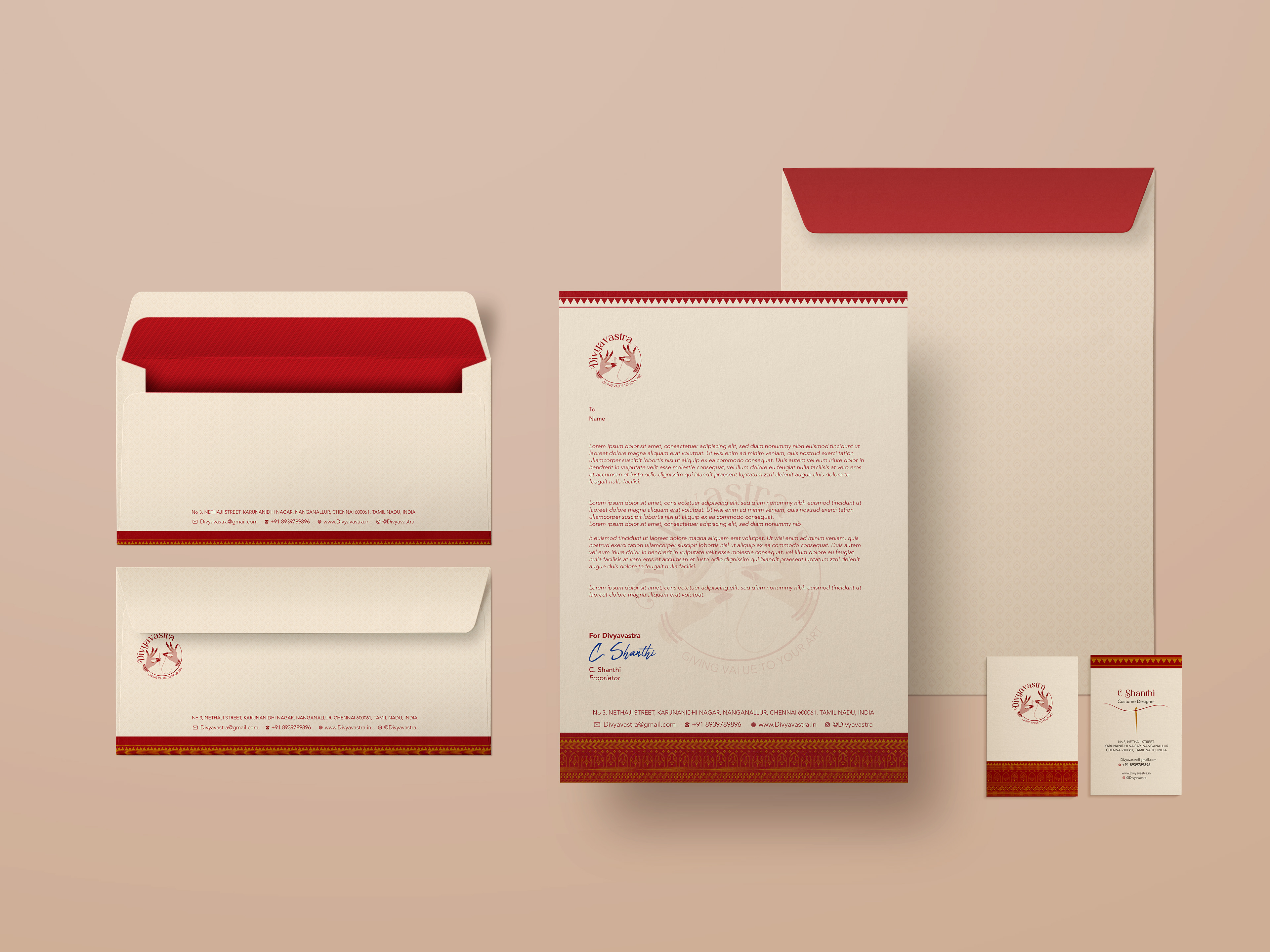 Divyavastra classical dance couture brand: stationery set with envelope, letterhead and business cards