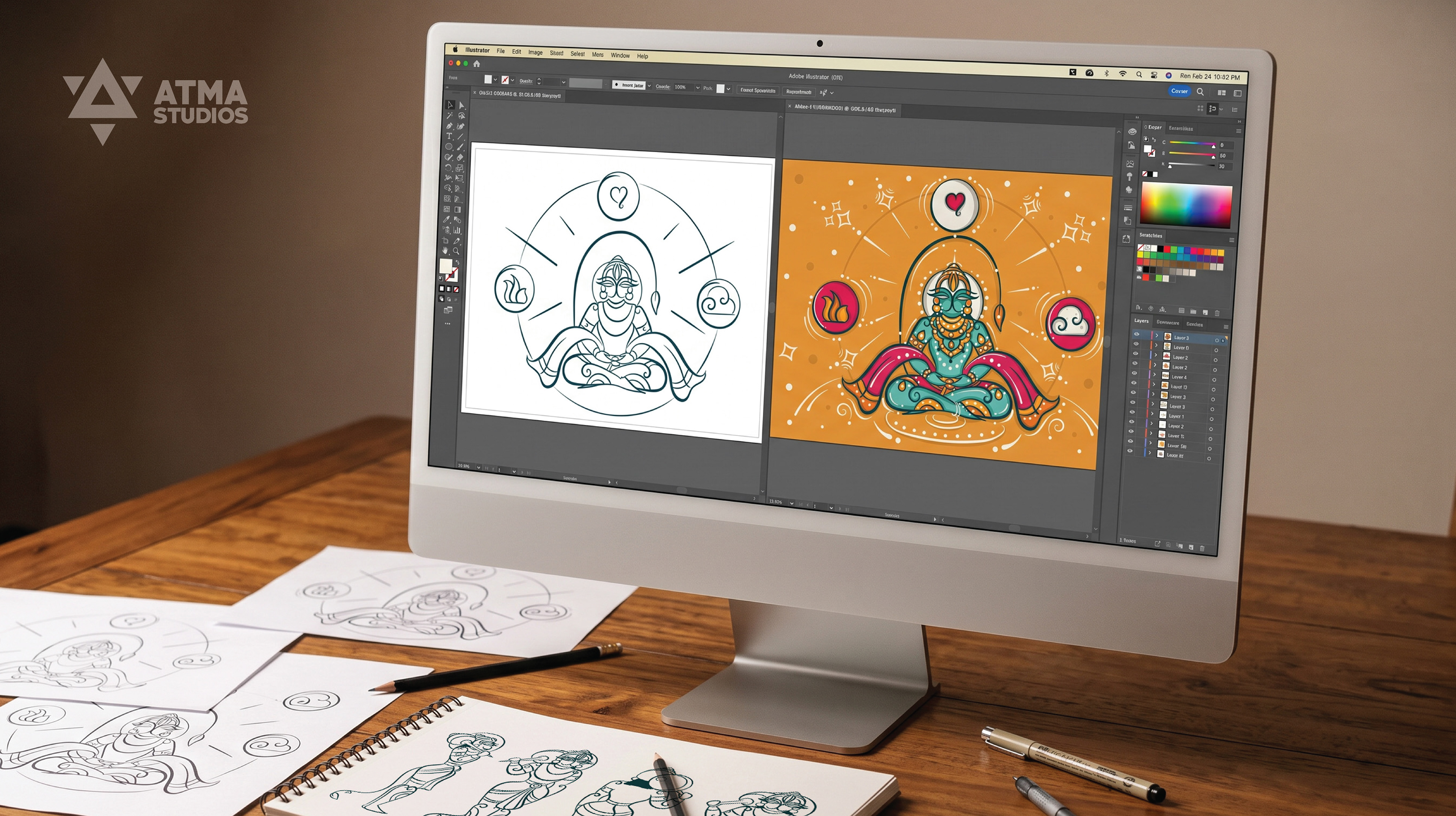 Hanuman Chalisa children's book: seated Hanuman illustration on a monitor