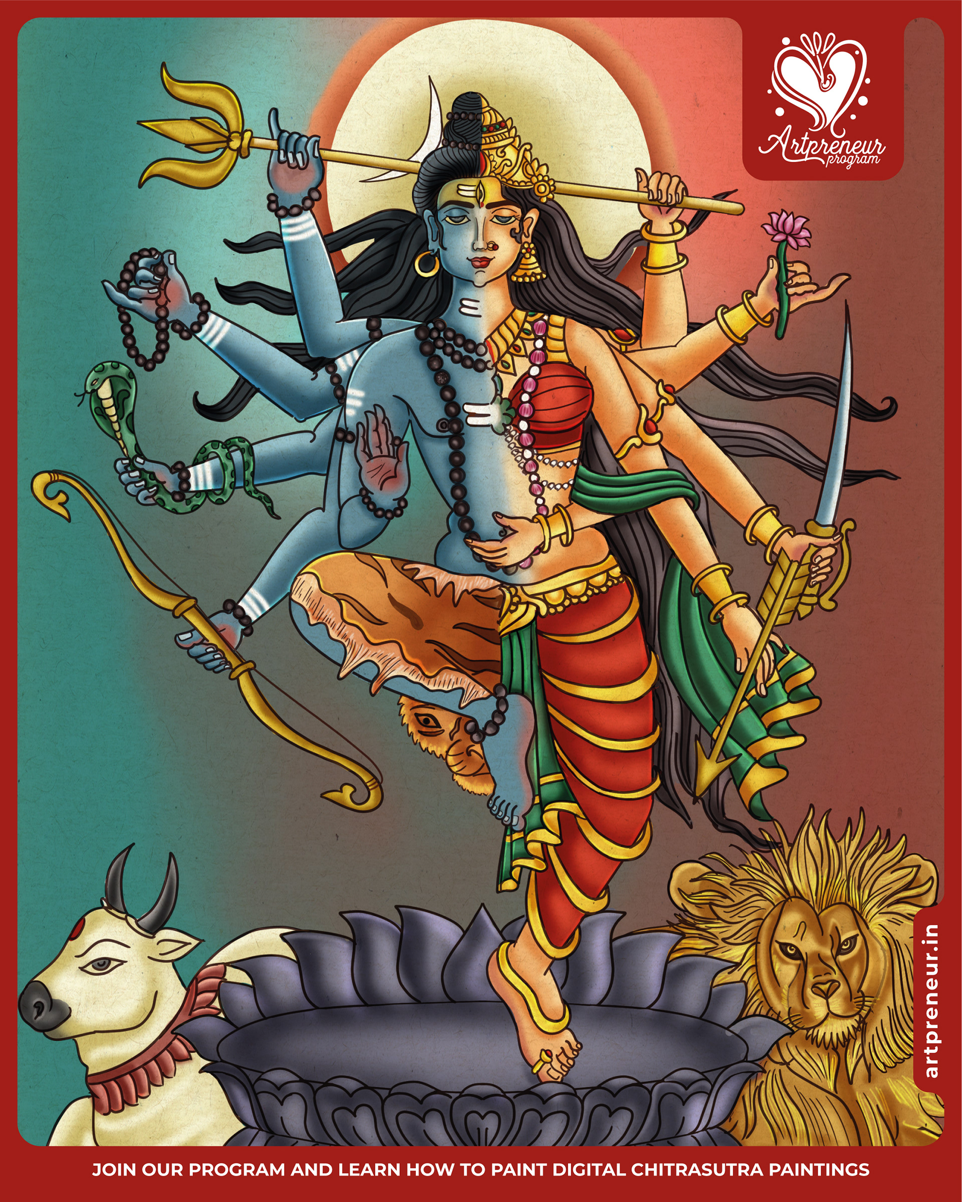 13 divine Chitrasutra illustrations collective 2021-22: #13 Ardhanarishvara, half Shiva and half Parvati