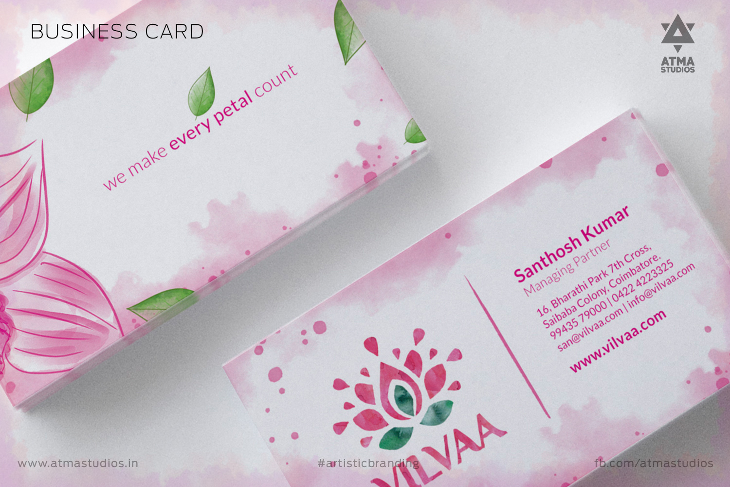 Vilvaa online garland store brand: business card design with pink lotus petals