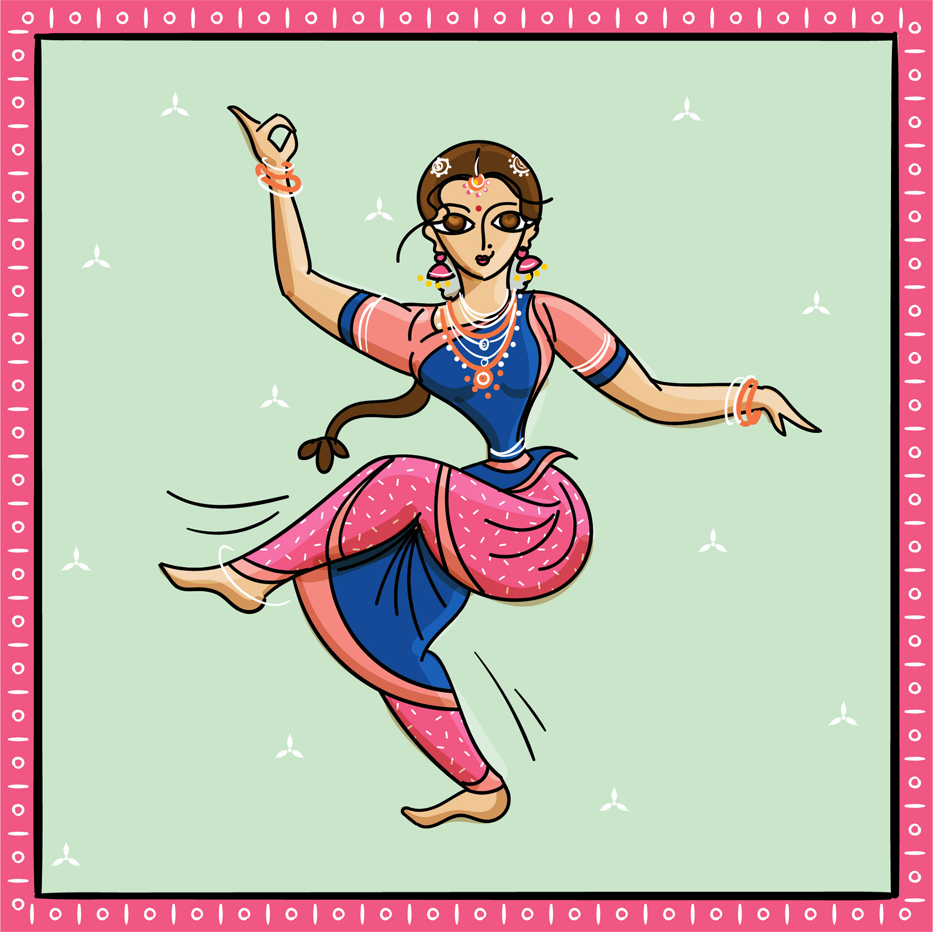 Bengal Pattachitra dancers: #20 Classical Indian dancer on a mint green background
