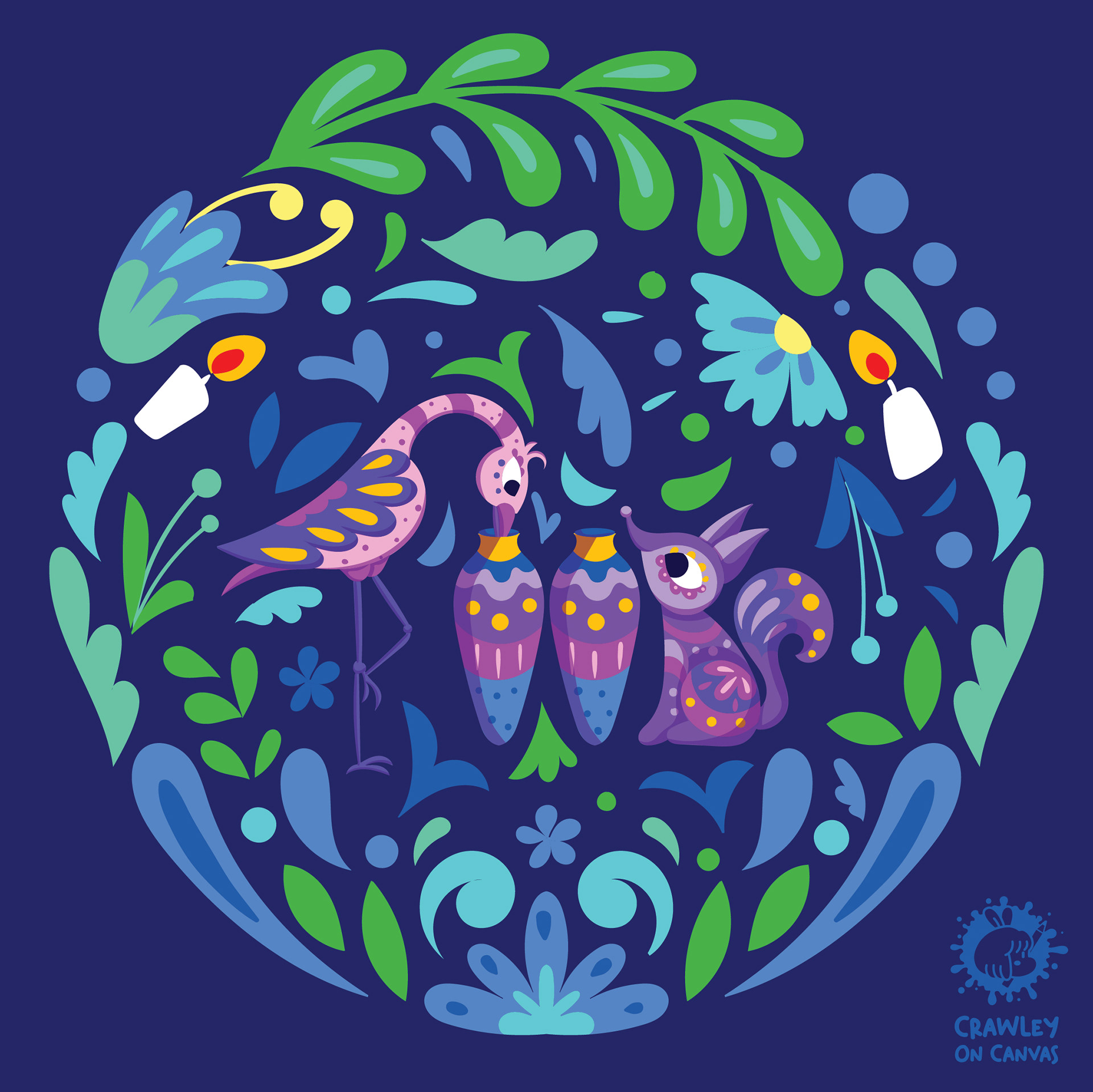 Panchatantra folk tales in Mexican Alebrije style: a heron and fish among leaves on navy