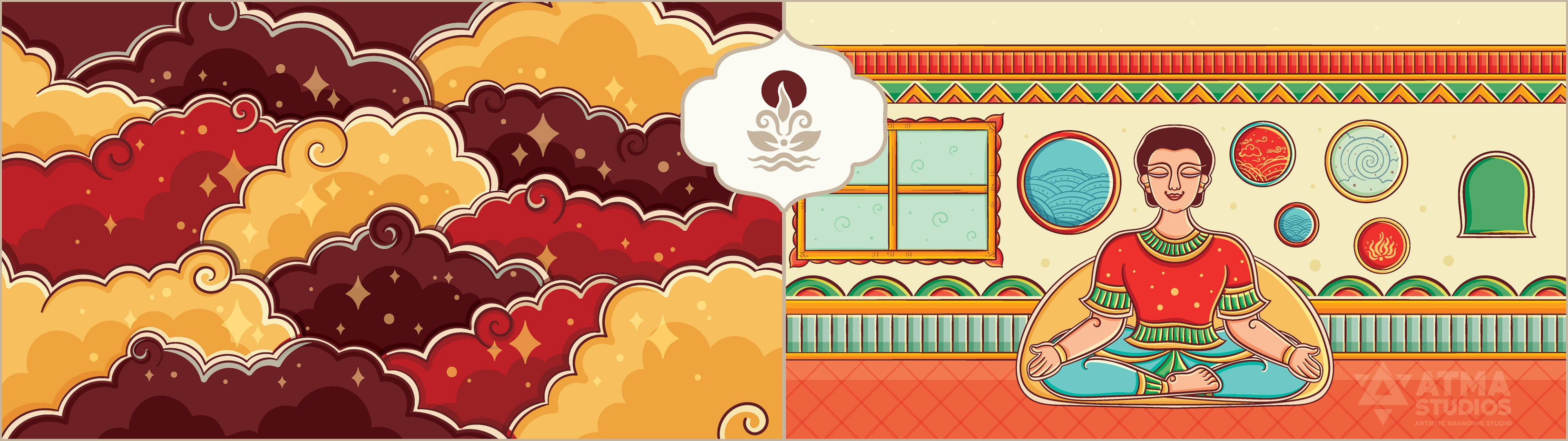 Ritualistic mindful essentials brand: package illustration strip with clouds and meditating figure