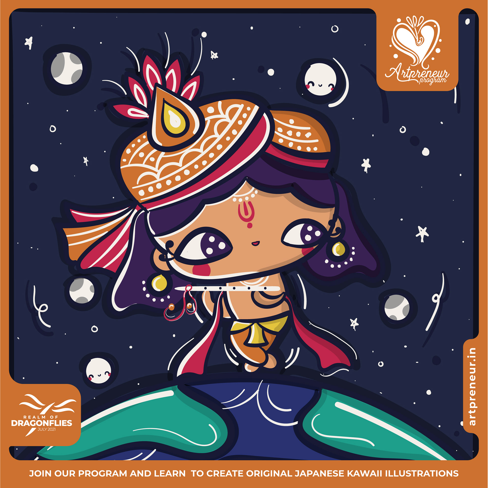 30 kawaii cute illustrations: #29 Little Krishna with a peacock-feather turban