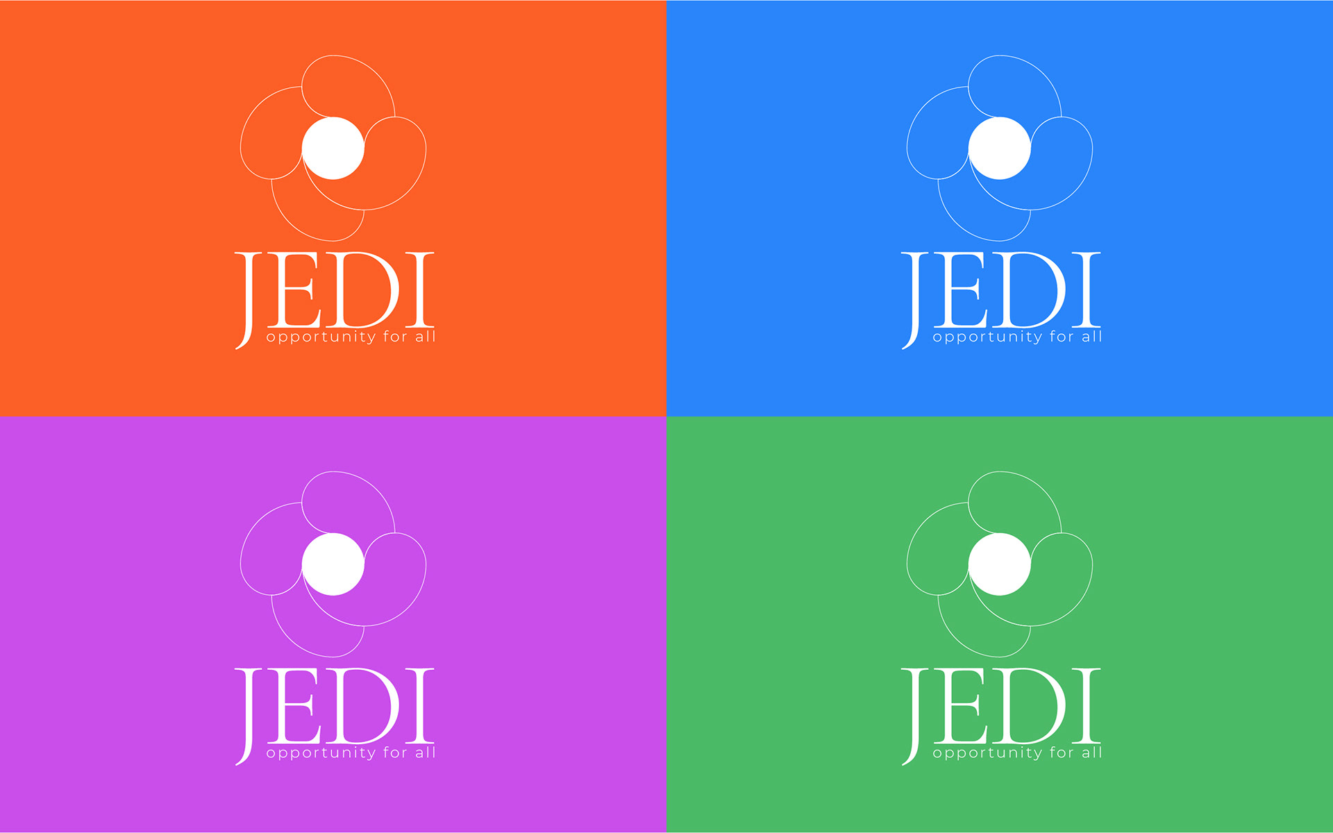 JEDI equality organisation branding: logo on orange, blue, purple and green