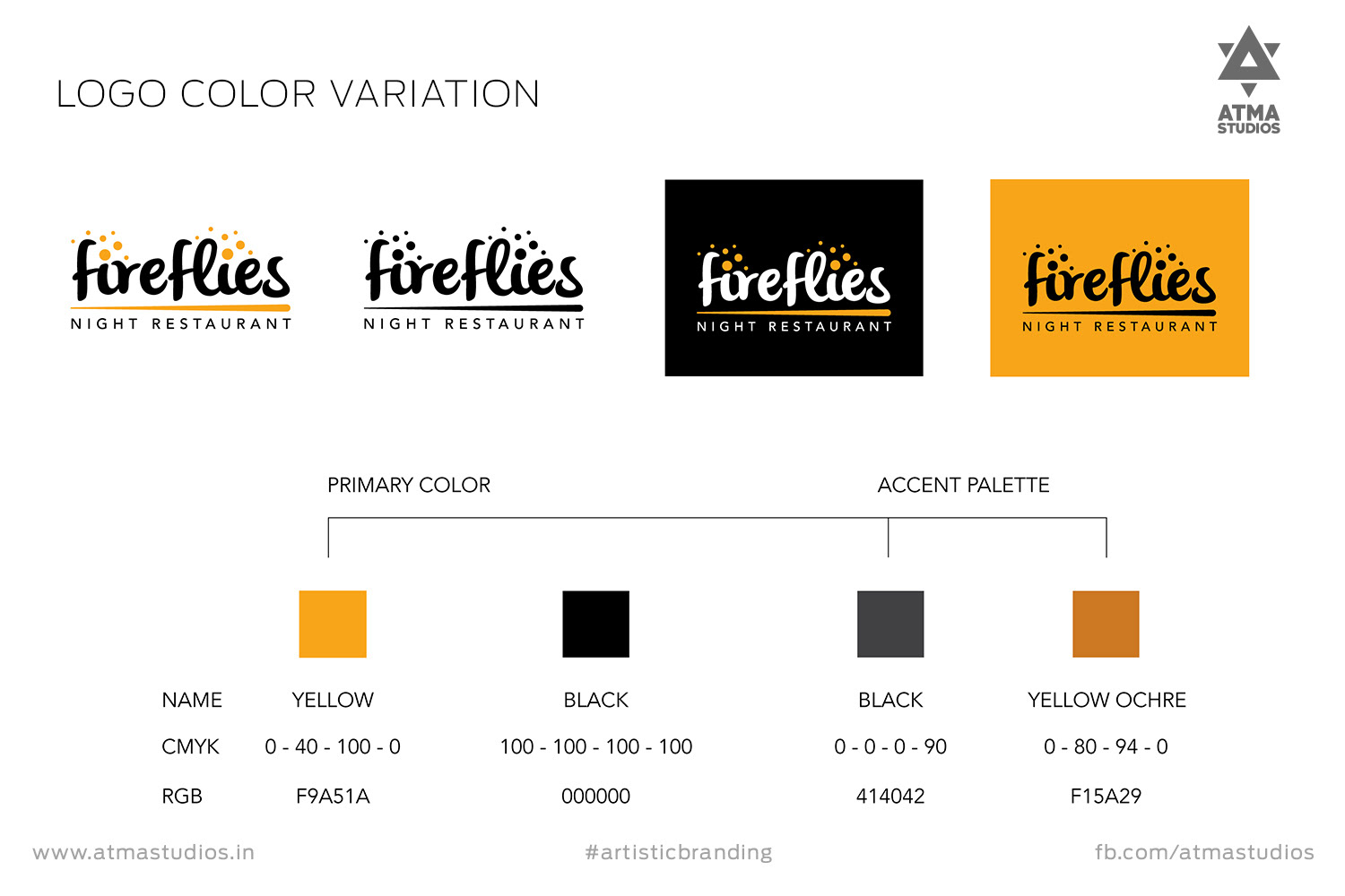 Fireflies logo colour variations with primary and accent colour palette
