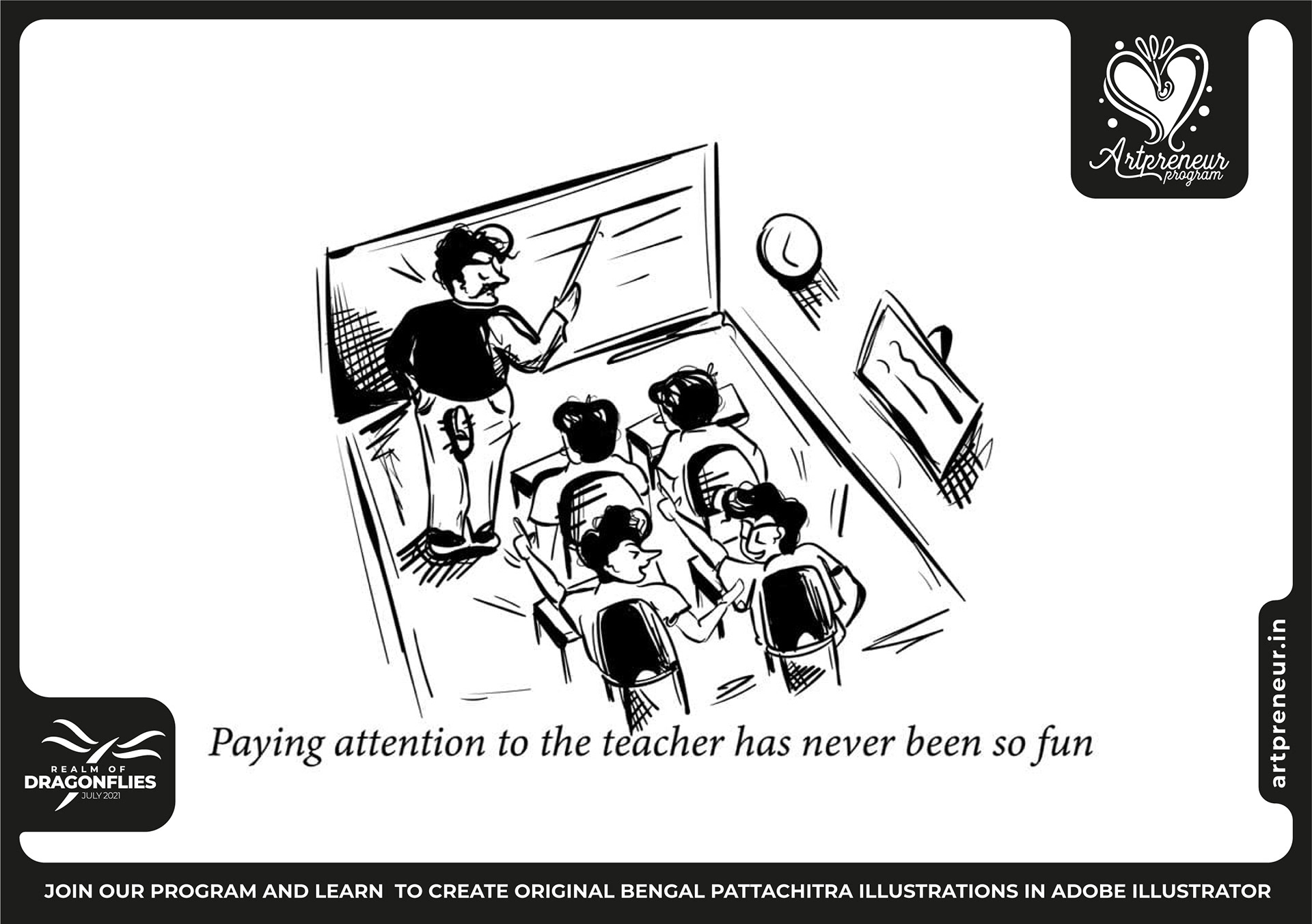 30 pen and pun comic cartoon illustrations: #19 "Paying attention to the teacher has never been so fun"