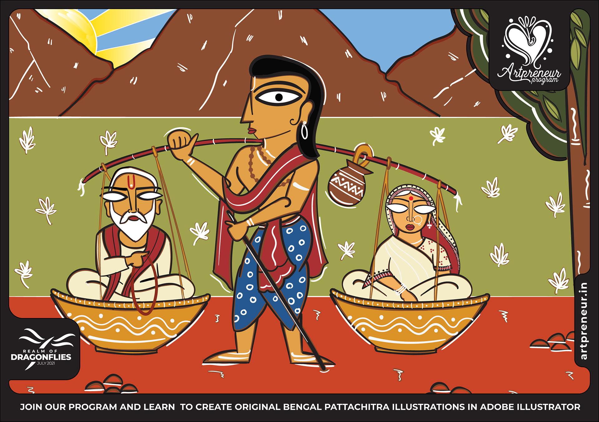 50 Bengal Pattachitra Indian folk illustrations: #18 Man carrying baskets on a pole