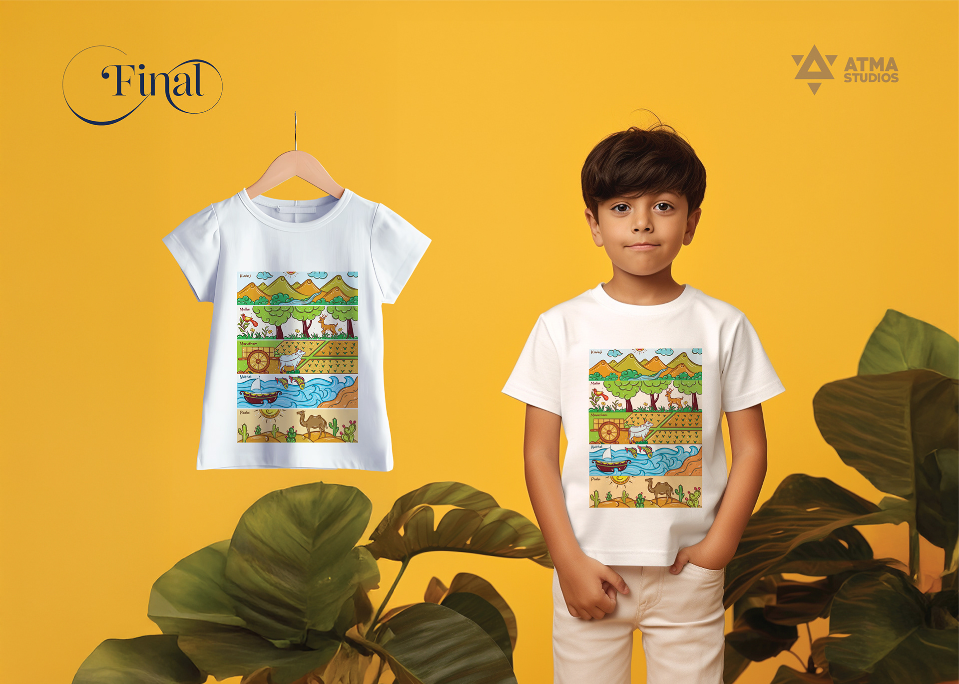 The One kids T-shirt illustrations: boy wearing the white landscape T-shirt