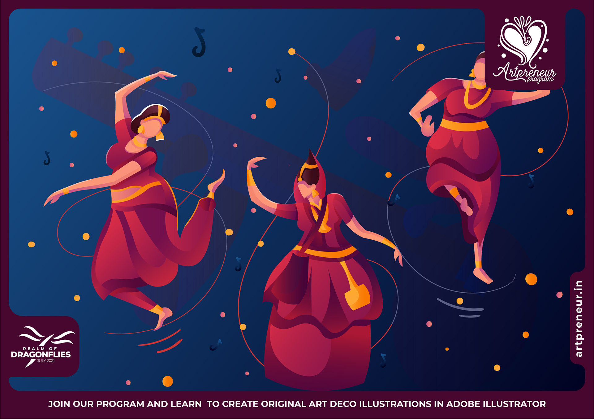 20 Art Deco flat illustrations: #9 Classical dancers in red