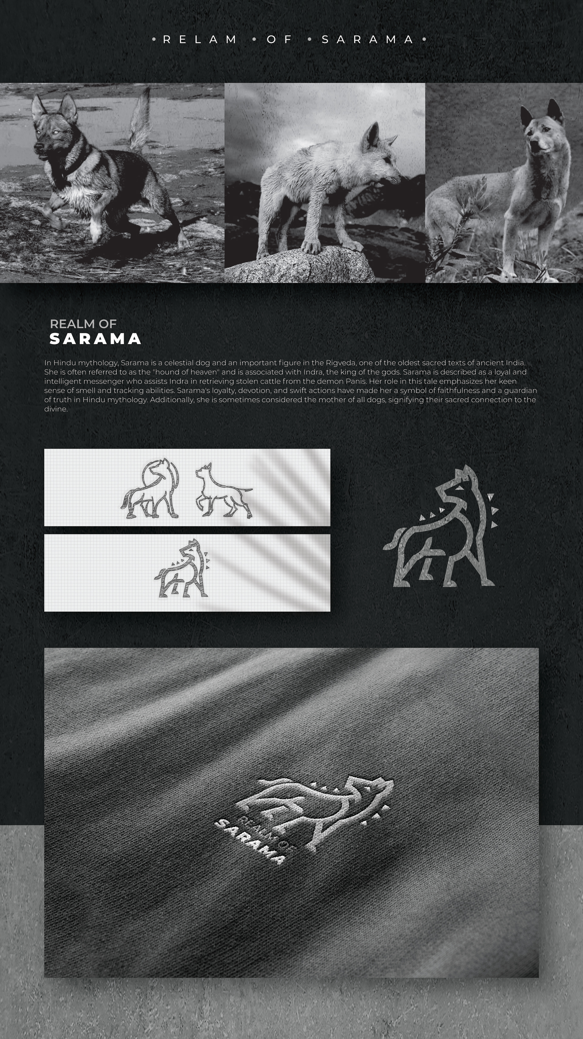 Artpreneur program sub-brand logo set inspired by Indian mythical creatures: realm of Sarama: dog references, sketches and the final line logo on fabric