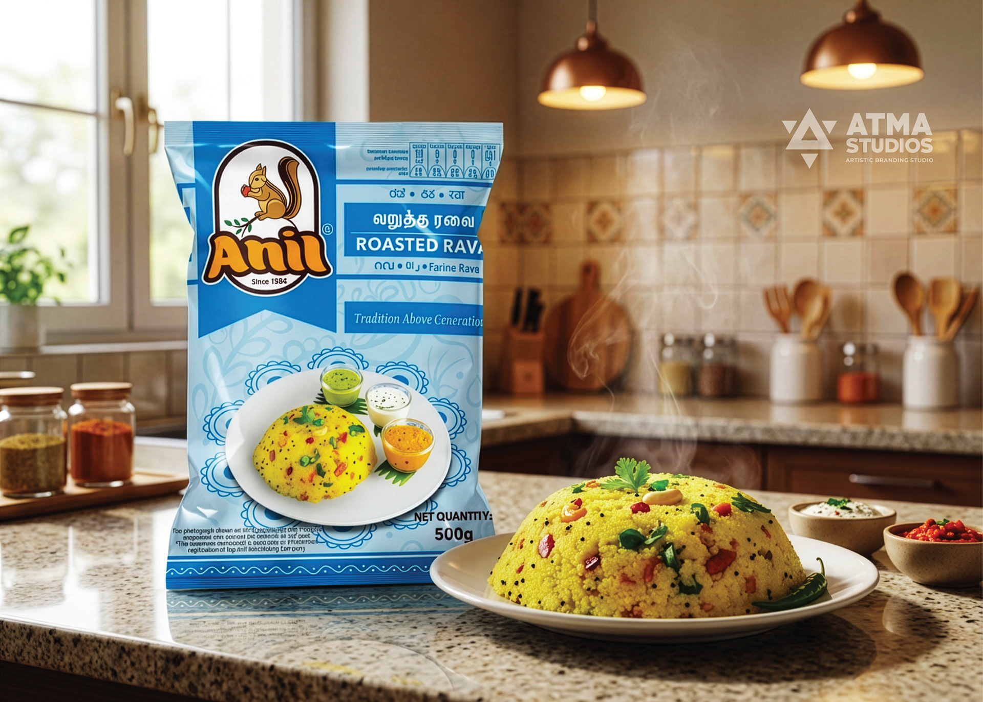 Anil Foods rebranding: roasted rava pack mockup with a plate of upma