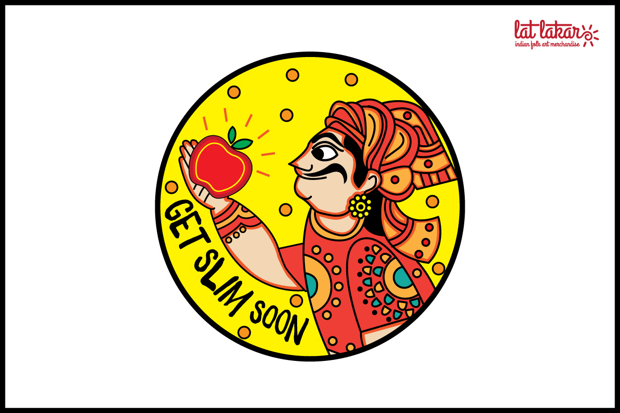 Lat Lakar Indian folk art merchandise: Get Slim Soon badge illustration