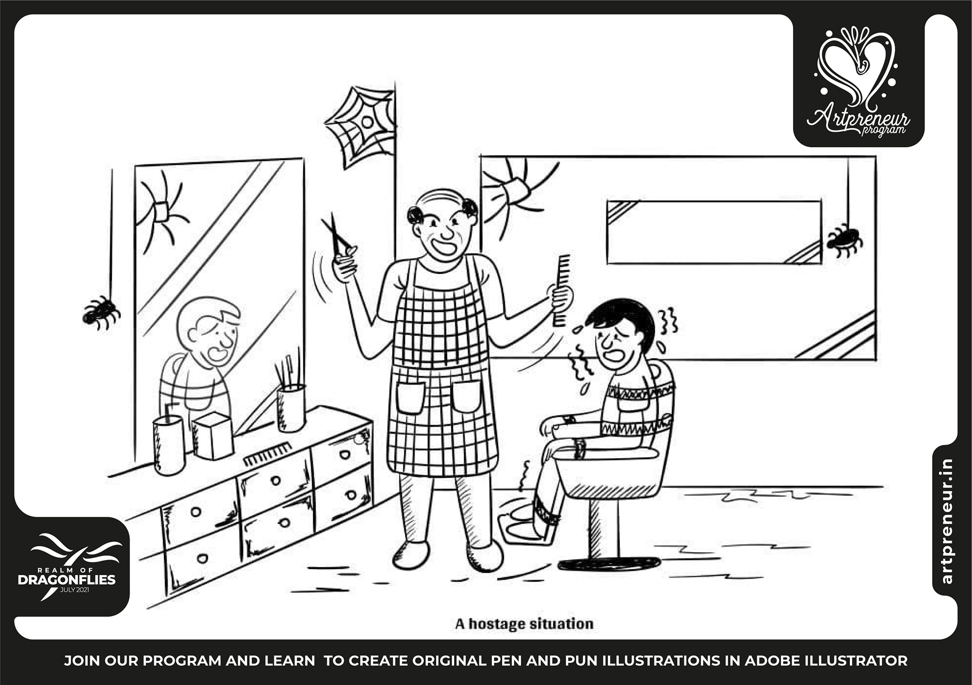 30 pen and pun comic cartoon illustrations: #10 Barber shop scene