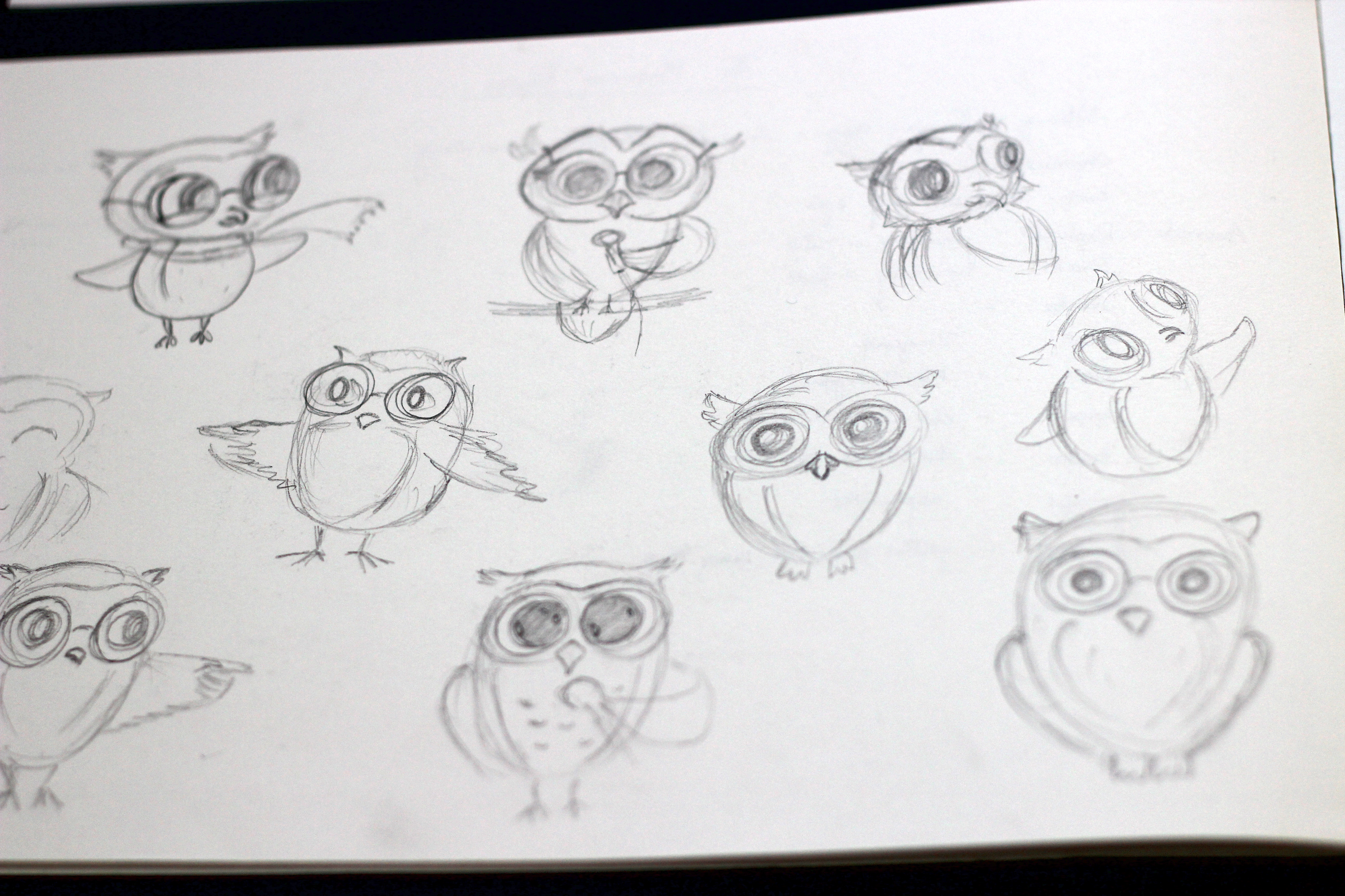 The Missing Prizes children's book: owl character sketches
