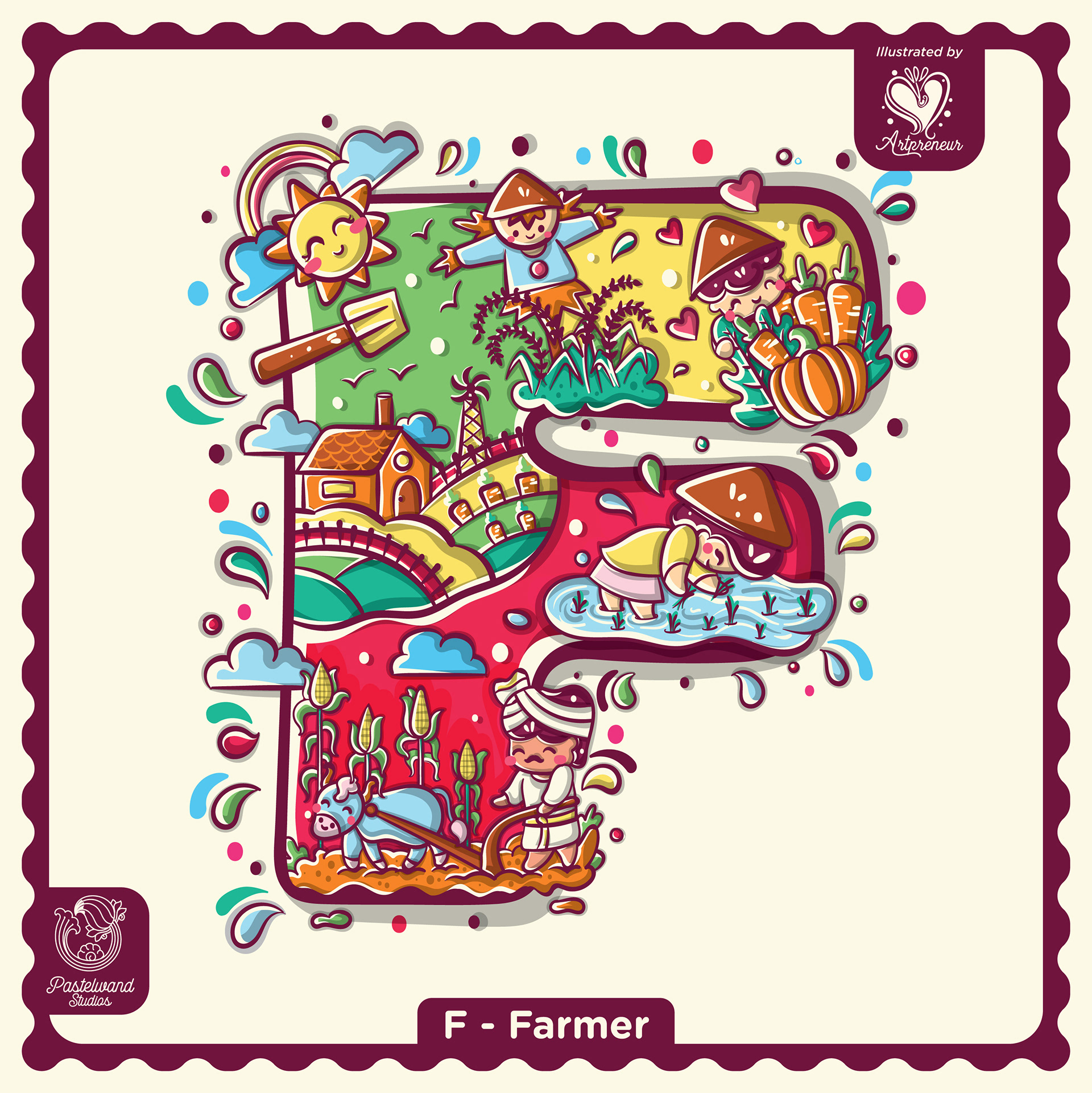 My Little Career ABC children's book: F for Farmer, an illustrated letter filled with tools and tiny characters