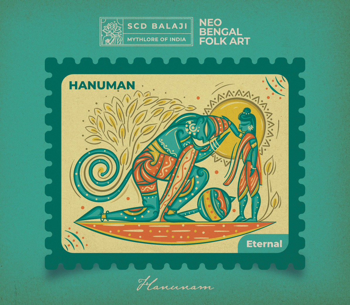 Hanuman collection in Neo Bengal folk art: #4 Hanuman by a tree stamp-style artwork