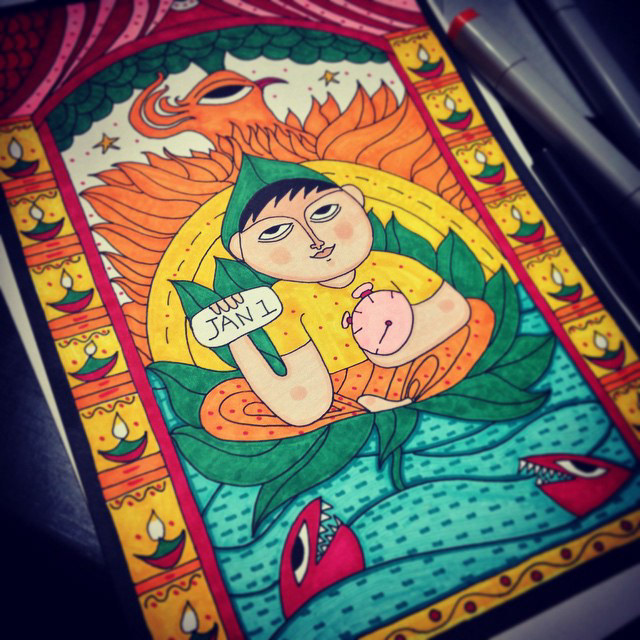 50 contemporary Indian folk art illustrations: #56 Baby on a lotus leaf