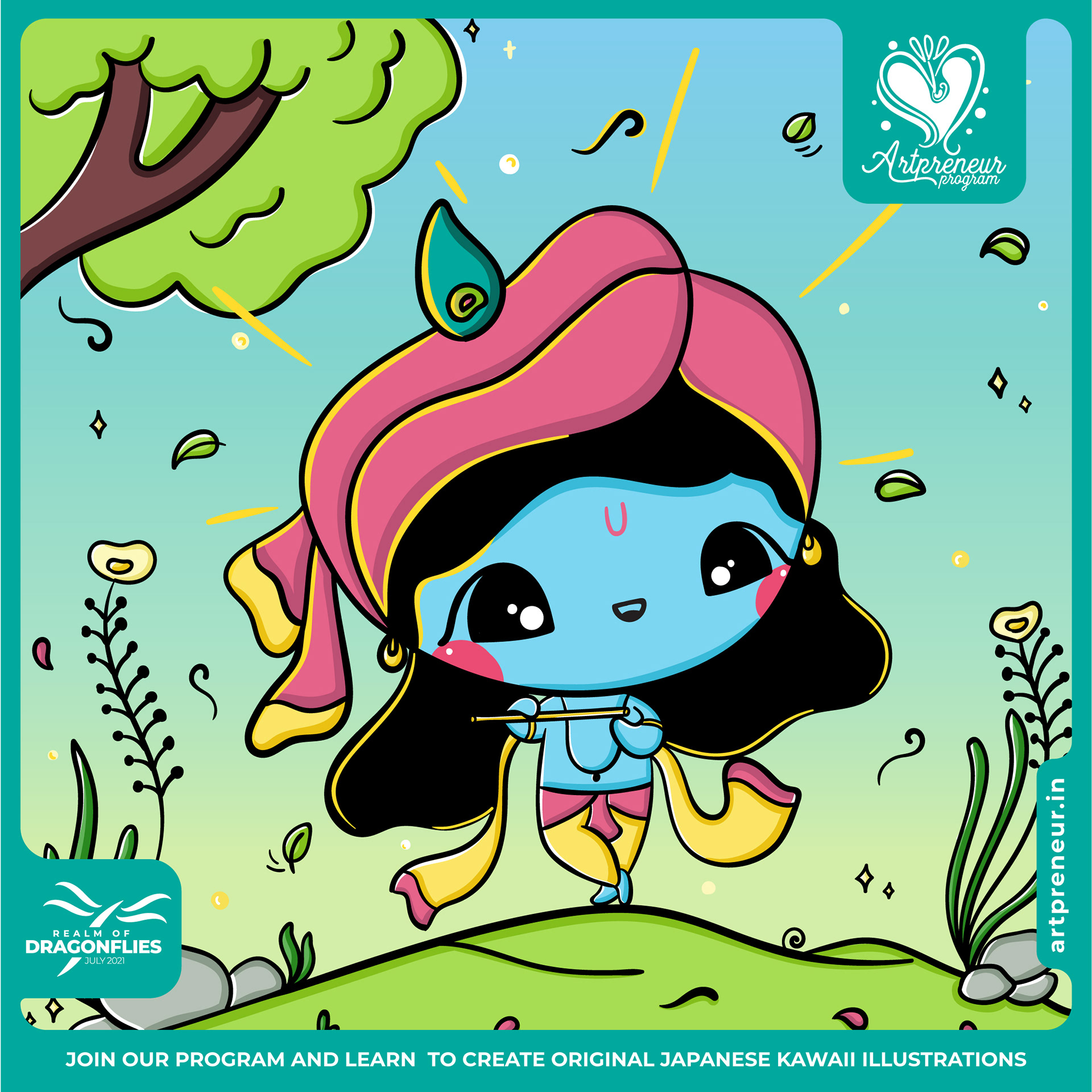 30 kawaii cute illustrations: #33 Little Krishna with a pink turban