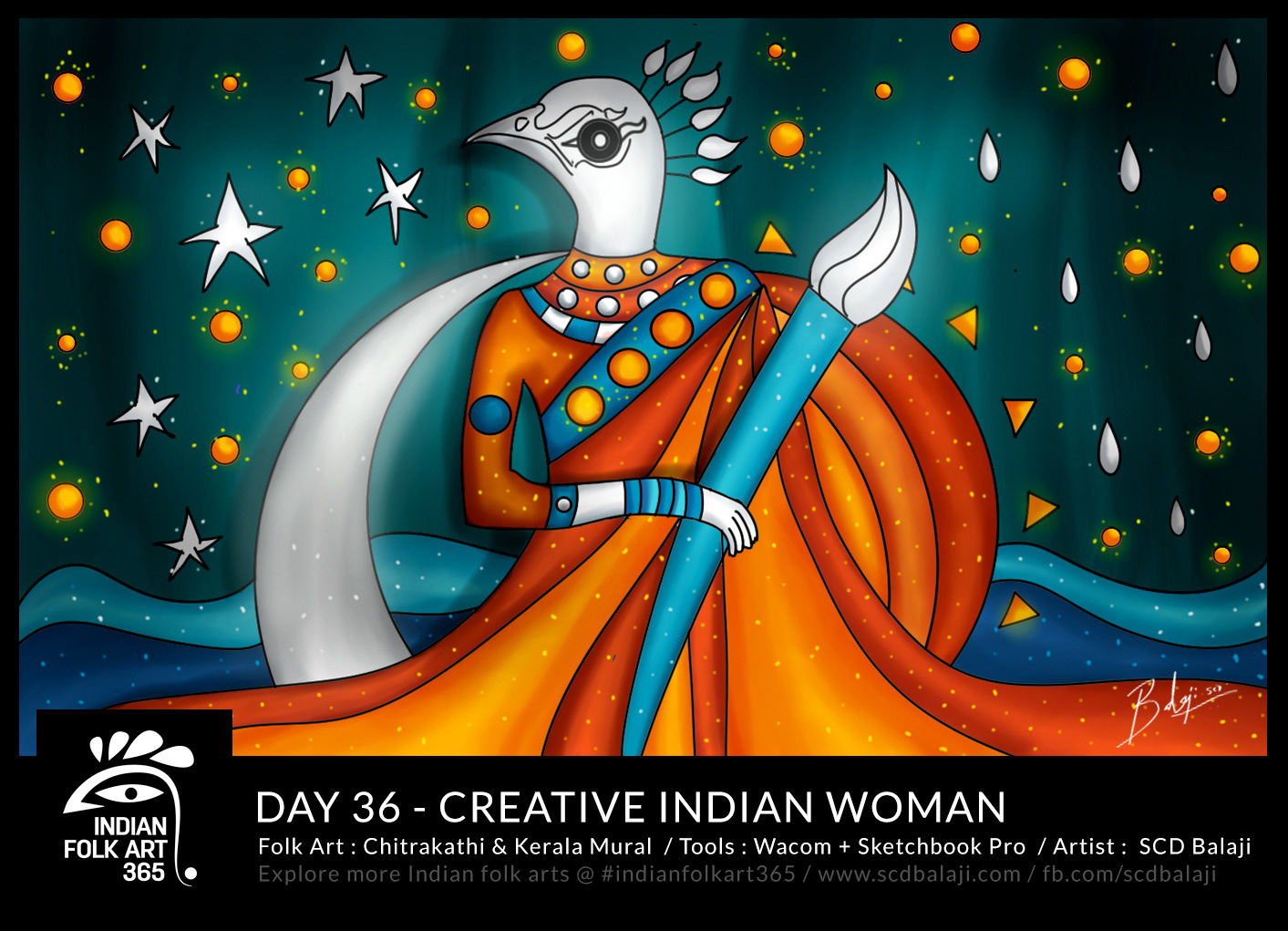 50 contemporary Indian folk art illustrations: #18 "Creative Indian Woman" with a bird