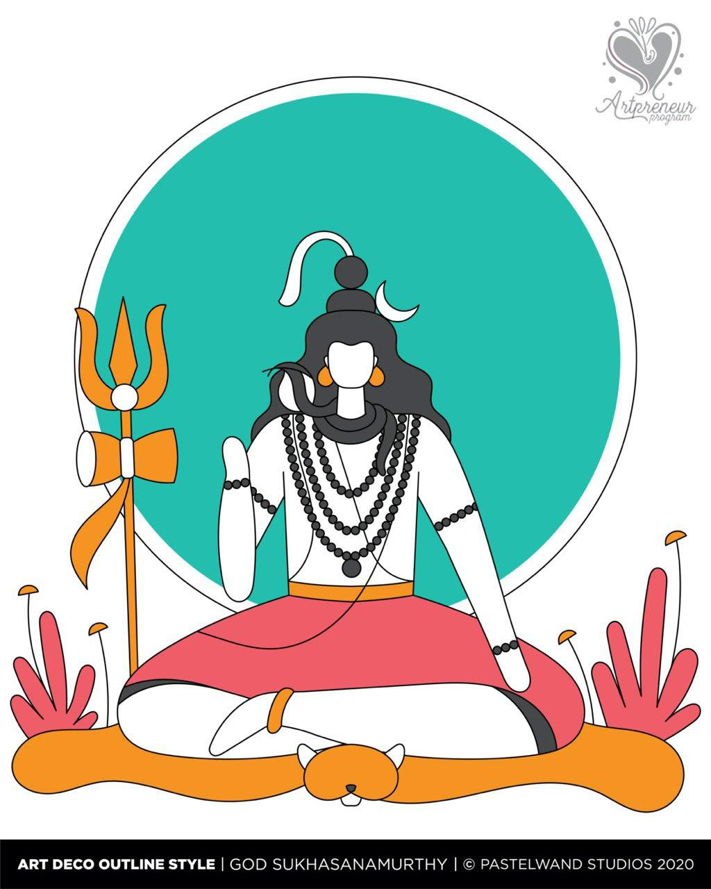 12 dimensions of Shiva in Art Deco outline style: #11 Sukhasanamurthy