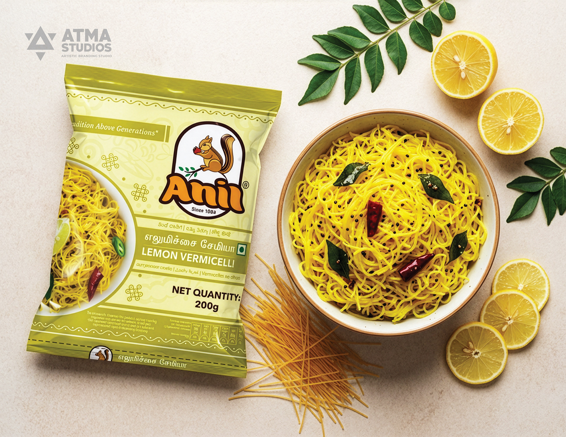 Anil Foods rebranding: lemon vermicelli pack mockup with cooked lemon vermicelli and lemons