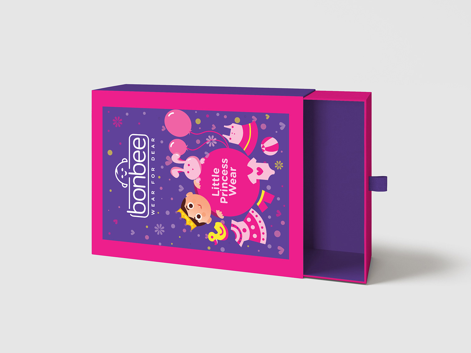 Bonbee Indian baby wear brand and package design: sliding gift box for girls in pink and purple