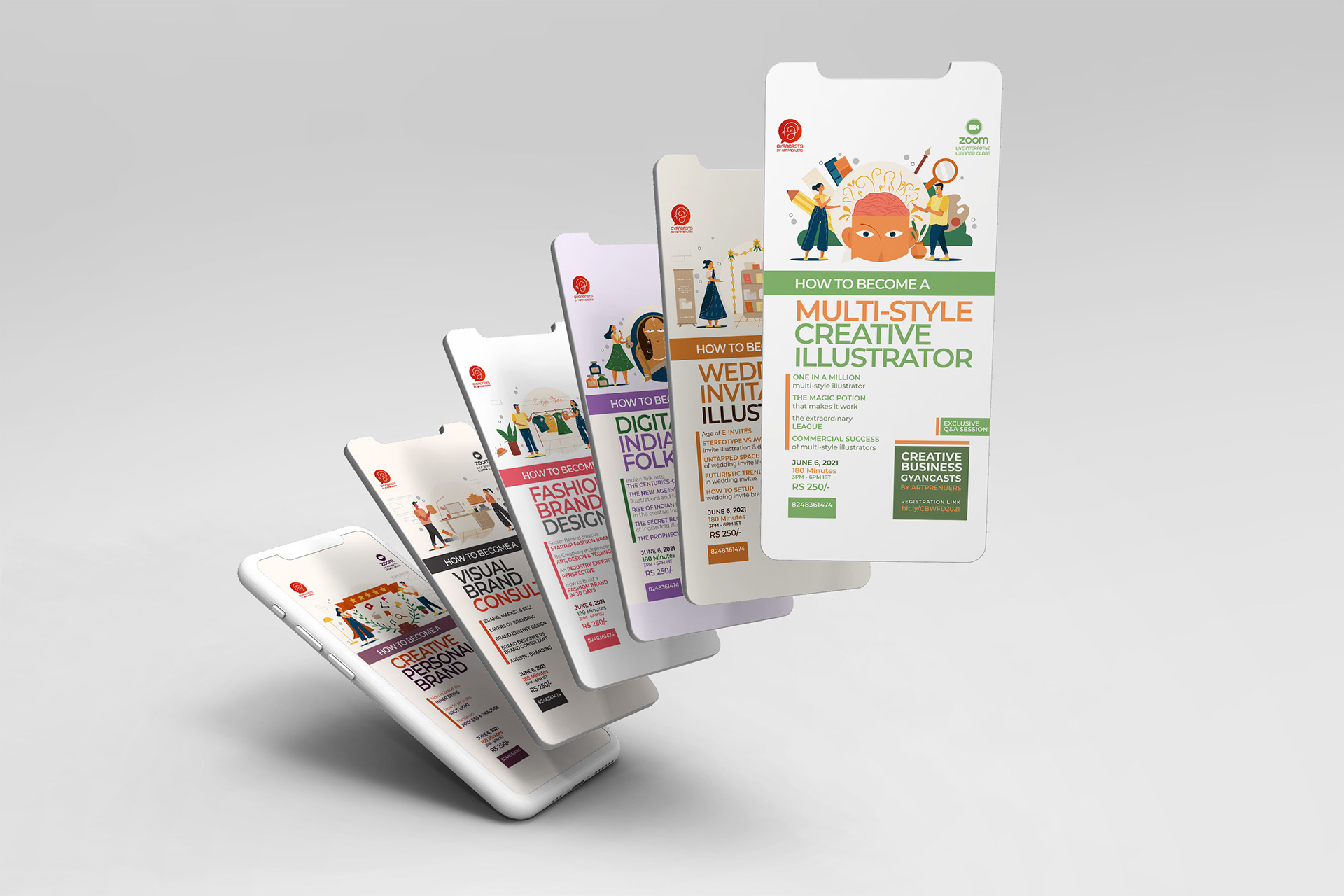 Gyancasts by Artpreneurs brand identity: course poster designs on a row of floating phone screens
