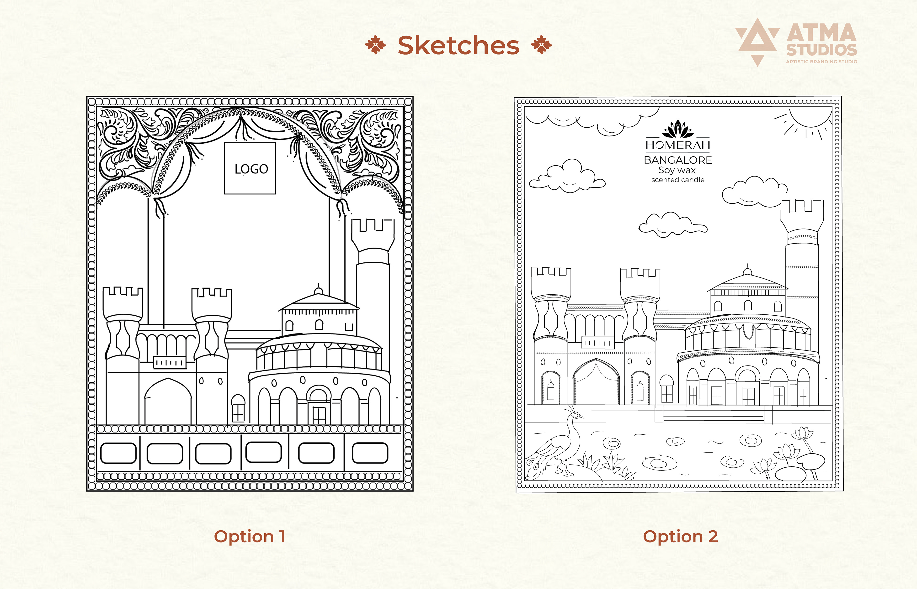 Homerah premium lifestyle candle and incense package design: Bangalore label sketches, two options